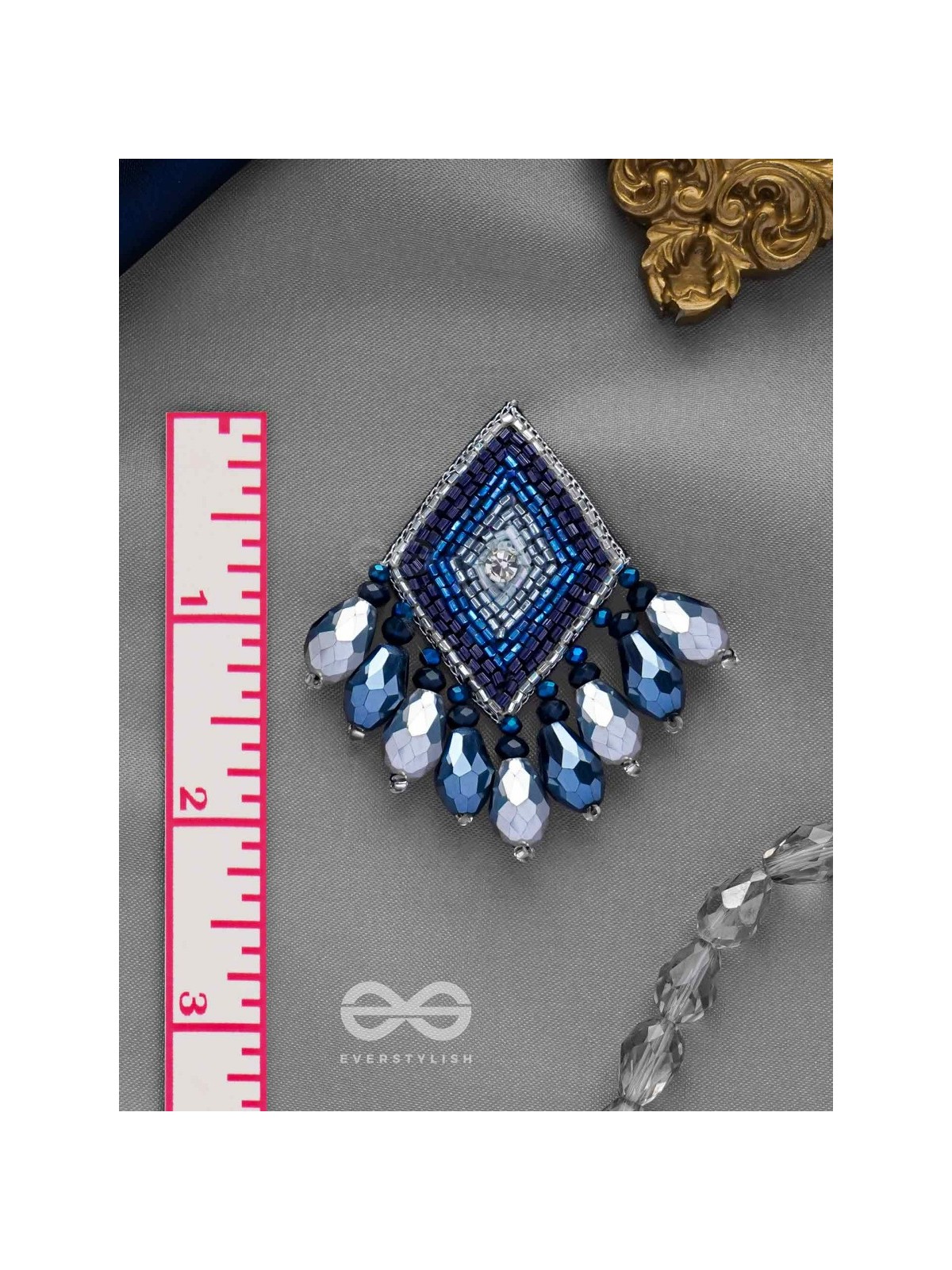 YASAS - THE ILLUMINATED FAME- STONE, CUT DANA AND GLASS DROPS EMBROIDERED EARRINGS (BLUE)