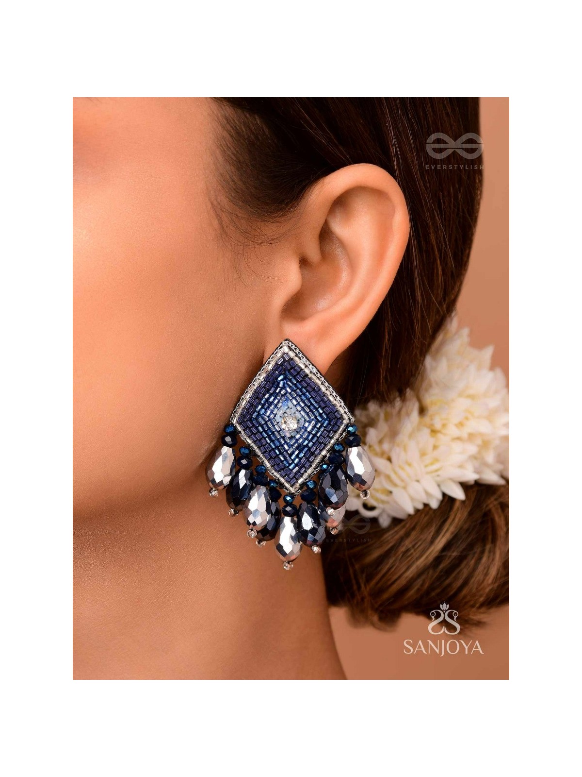YASAS - THE ILLUMINATED FAME- STONE, CUT DANA AND GLASS DROPS EMBROIDERED EARRINGS (BLUE)