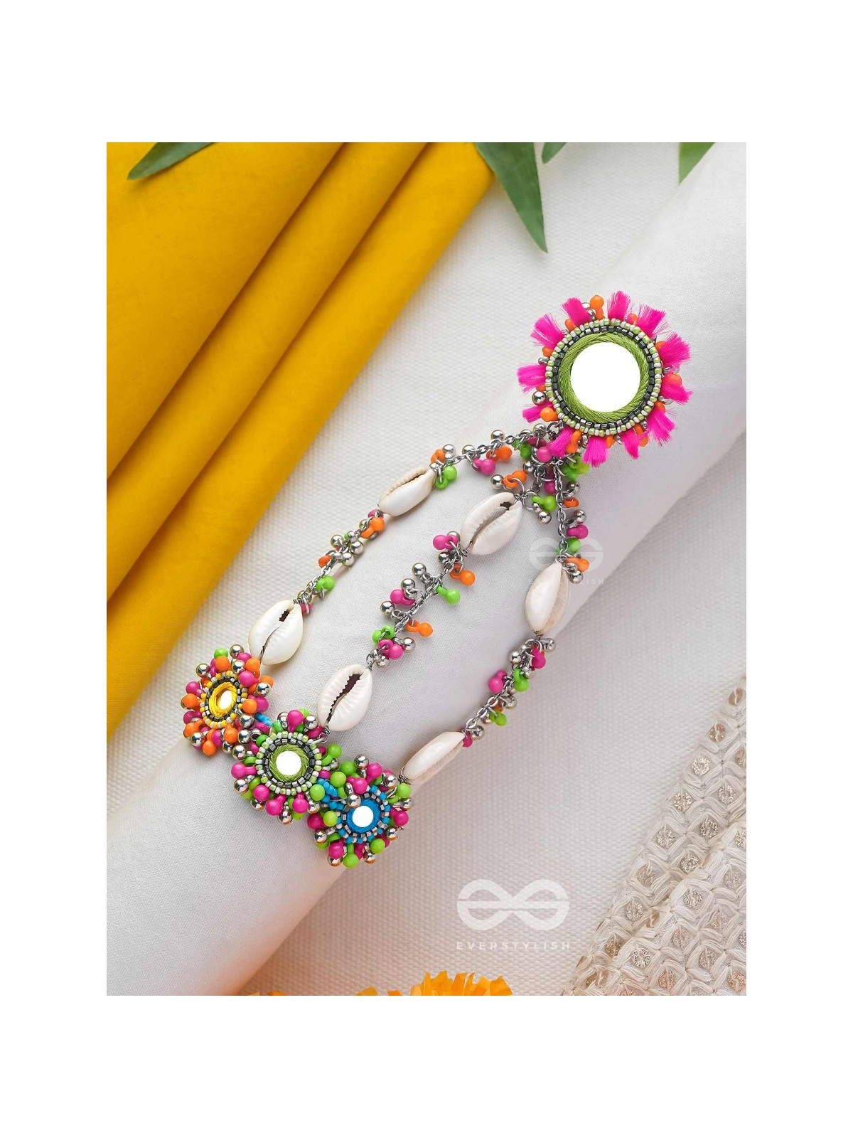 Sudarpana - Colorful Reflection - Resham, Shells And Beads Hand Embroidered Haathphool