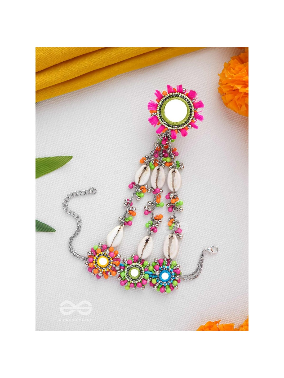 Sudarpana - Colorful Reflection - Resham, Shells And Beads Hand Embroidered Haathphool