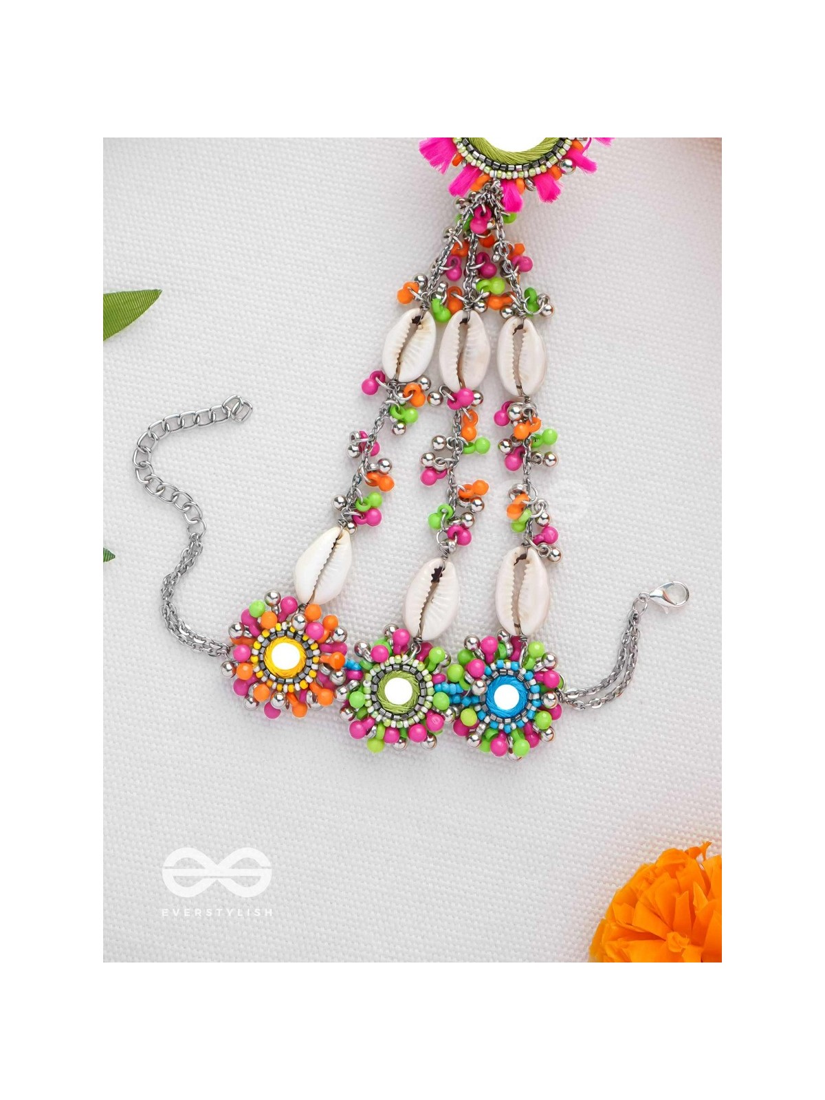 Sudarpana - Colorful Reflection - Resham, Shells And Beads Hand Embroidered Haathphool