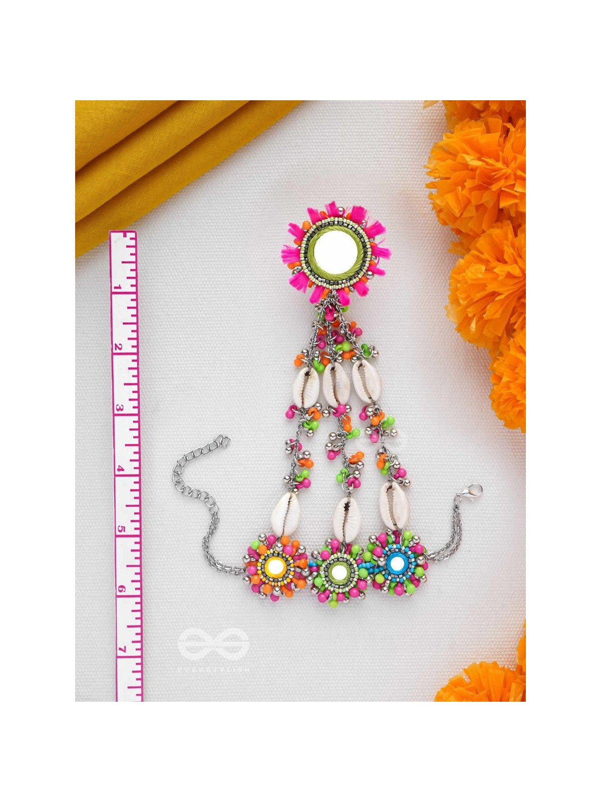 Sudarpana - Colorful Reflection - Resham, Shells And Beads Hand Embroidered Haathphool