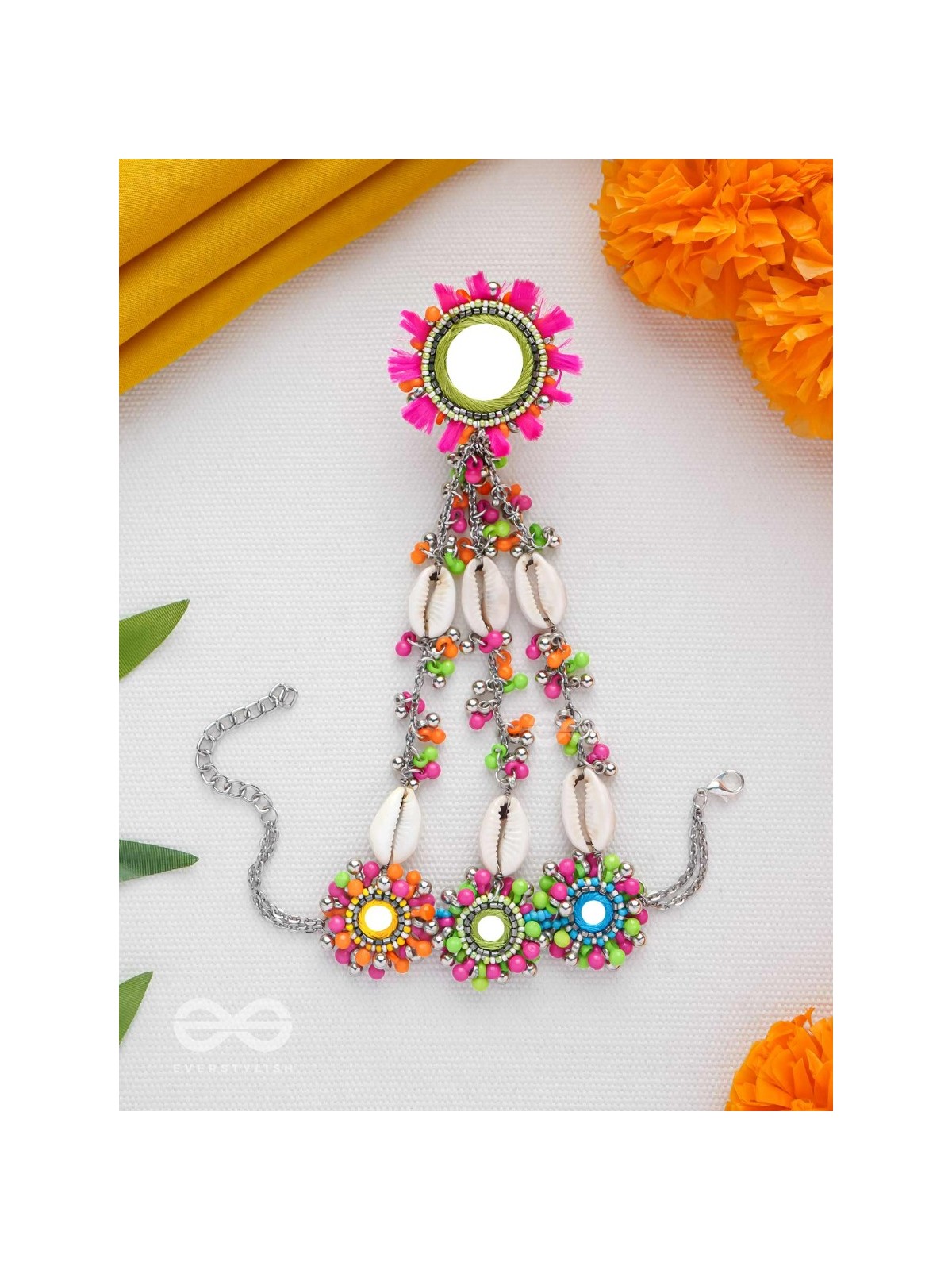 Sudarpana - Colorful Reflection - Resham, Shells And Beads Hand Embroidered Haathphool