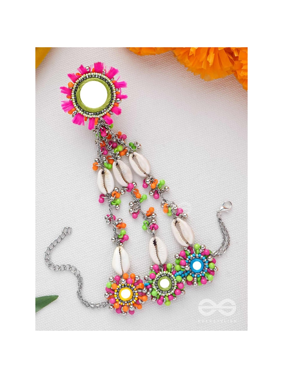 Sudarpana - Colorful Reflection - Resham, Shells And Beads Hand Embroidered Haathphool