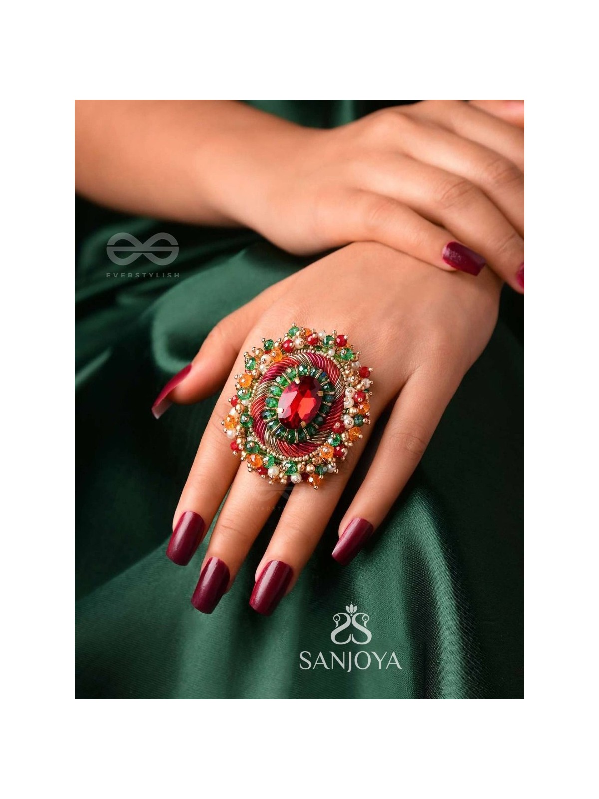 Vibhrajita - The Sparkling Gem - Beads, Dabka And Stone Hand Embroidered Ring (Multicolor)
