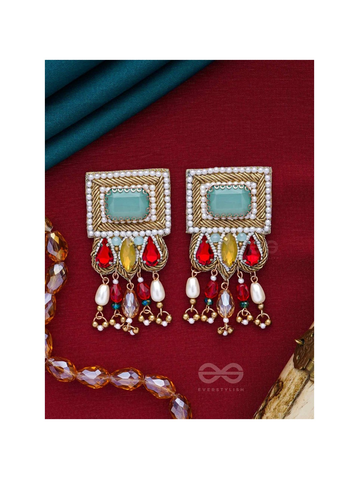 ANAGHA - THE SUNSET SPLENDOR - STONES, BEADS AND GLASS DROP EMBROIDERED EARRINGS