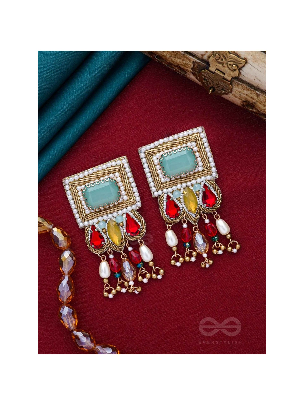 ANAGHA - THE SUNSET SPLENDOR - STONES, BEADS AND GLASS DROP EMBROIDERED EARRINGS