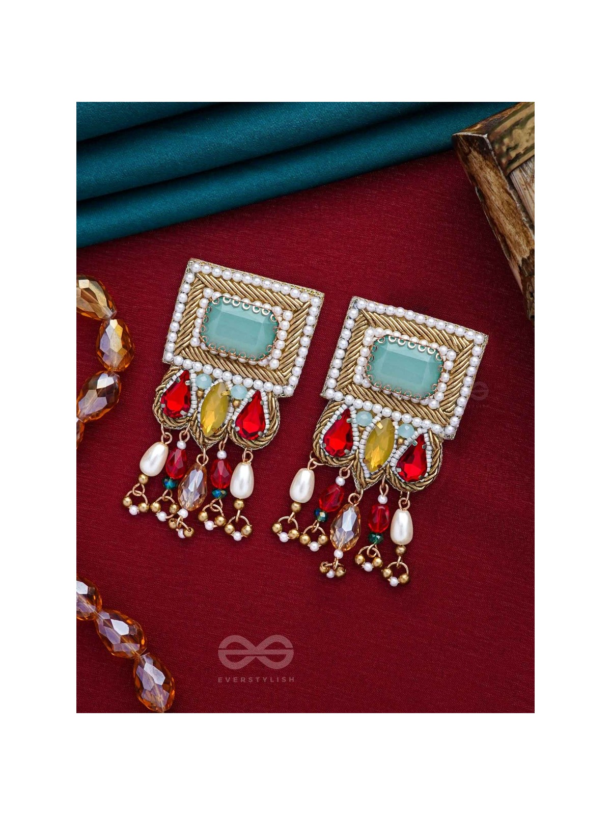 ANAGHA - THE SUNSET SPLENDOR - STONES, BEADS AND GLASS DROP EMBROIDERED EARRINGS