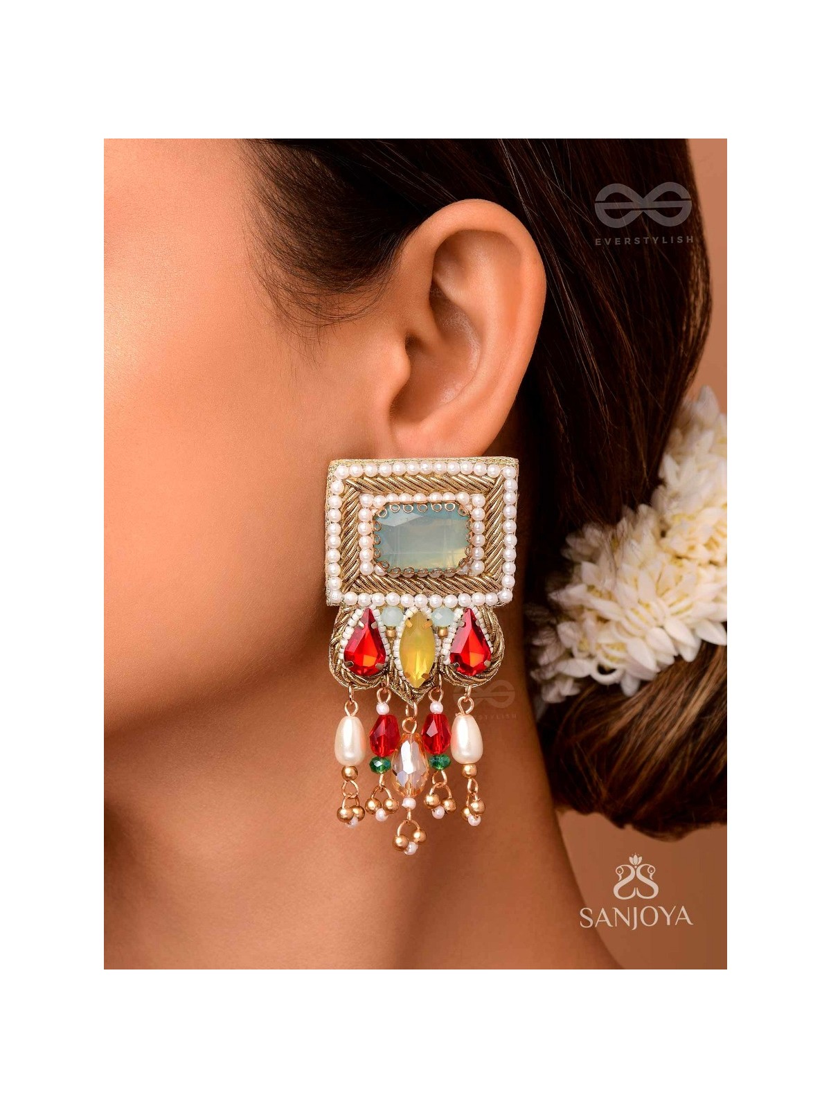 ANAGHA - THE SUNSET SPLENDOR - STONES, BEADS AND GLASS DROP EMBROIDERED EARRINGS