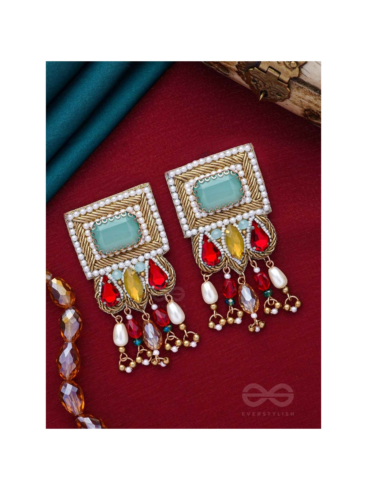 ANAGHA - THE SUNSET SPLENDOR - STONES, BEADS AND GLASS DROP EMBROIDERED EARRINGS
