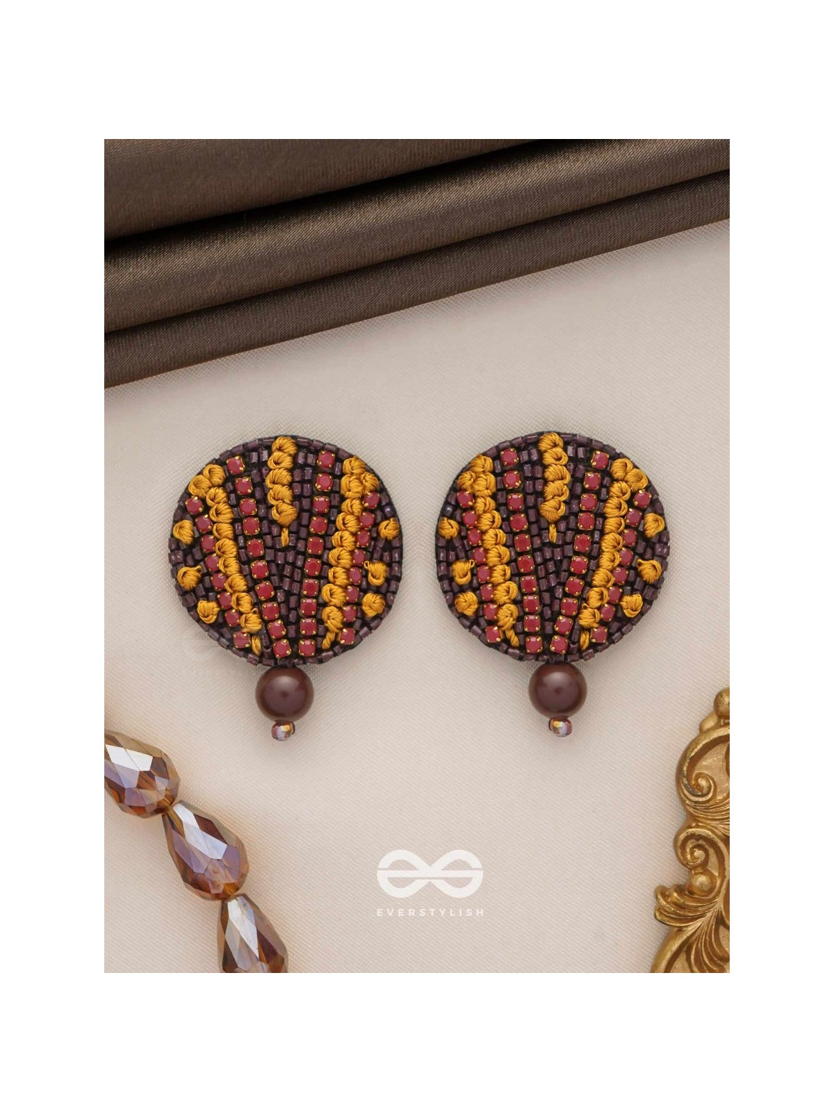Mrdu - The Soft Nuance - Resham And Cutdana Hand Embroidered Earrings (Brown)