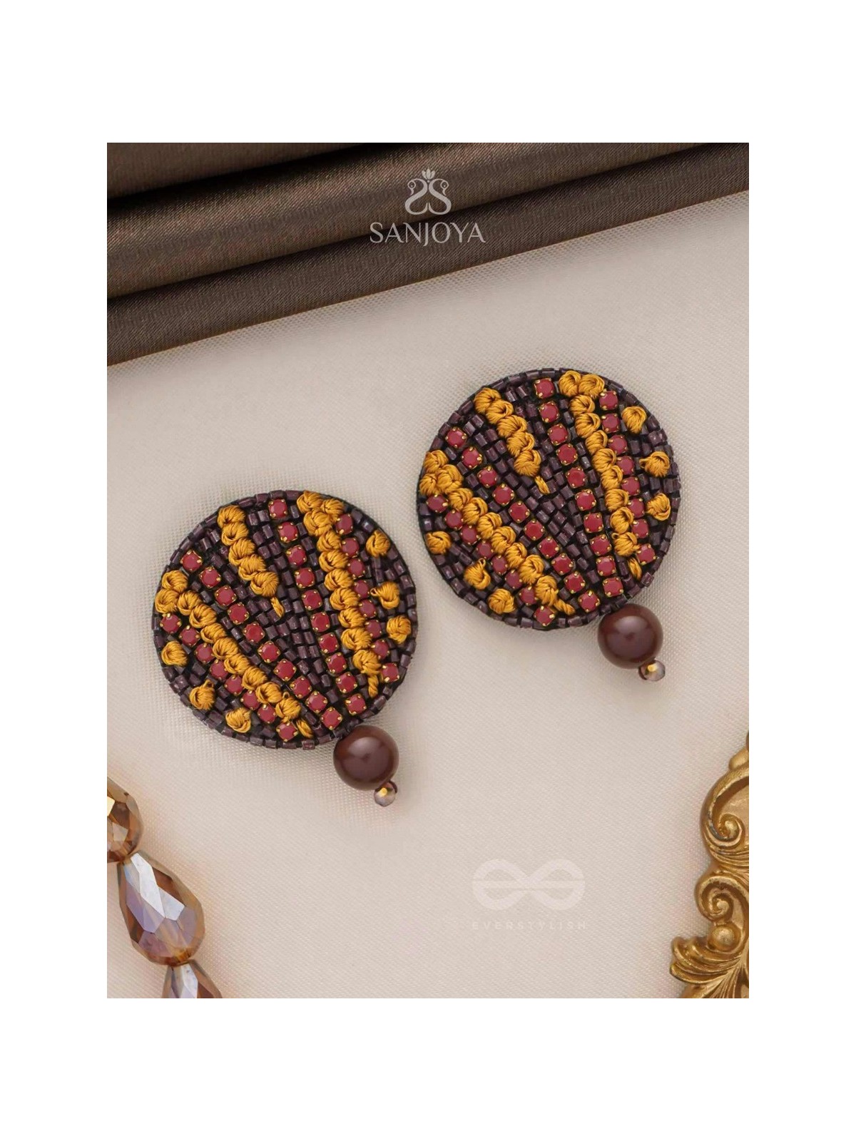 Mrdu - The Soft Nuance - Resham And Cutdana Hand Embroidered Earrings (Brown)