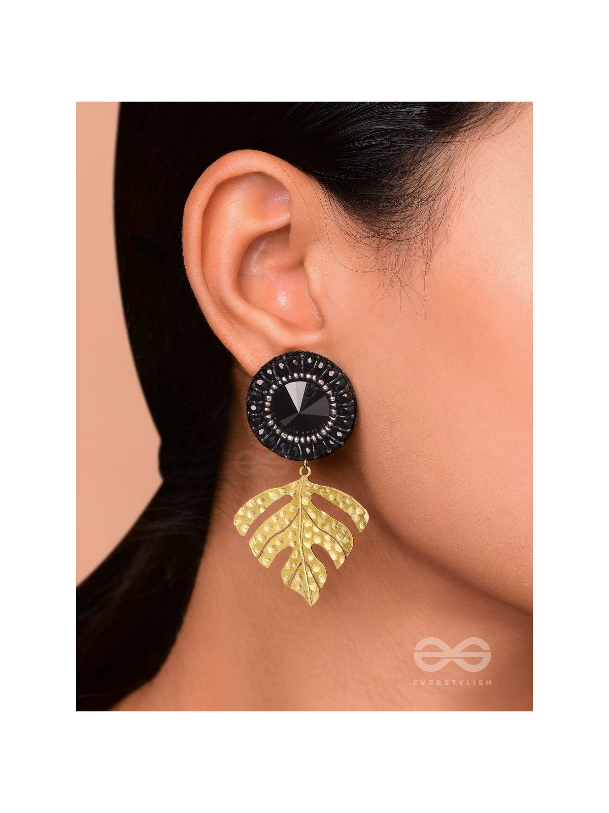 SHRAVAKA - THE DARK LEAF - STONE AND BEADS EMBROIDERED EARRINGS