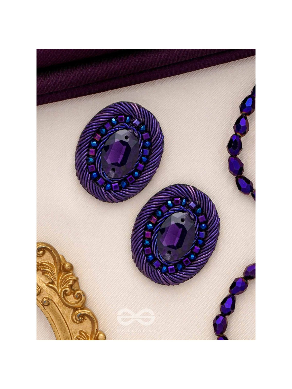 KASHYAPI - THE INDIGO GLOW - STONE AND BEADS EMBROIDERED EARRINGS (PURPLE & ROYAL BLUE)