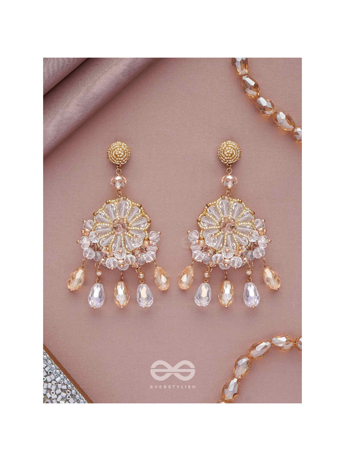 PRASANNA - THE PURE - BEADS AND GLASS DROPS EMBROIDERED EARRINGS