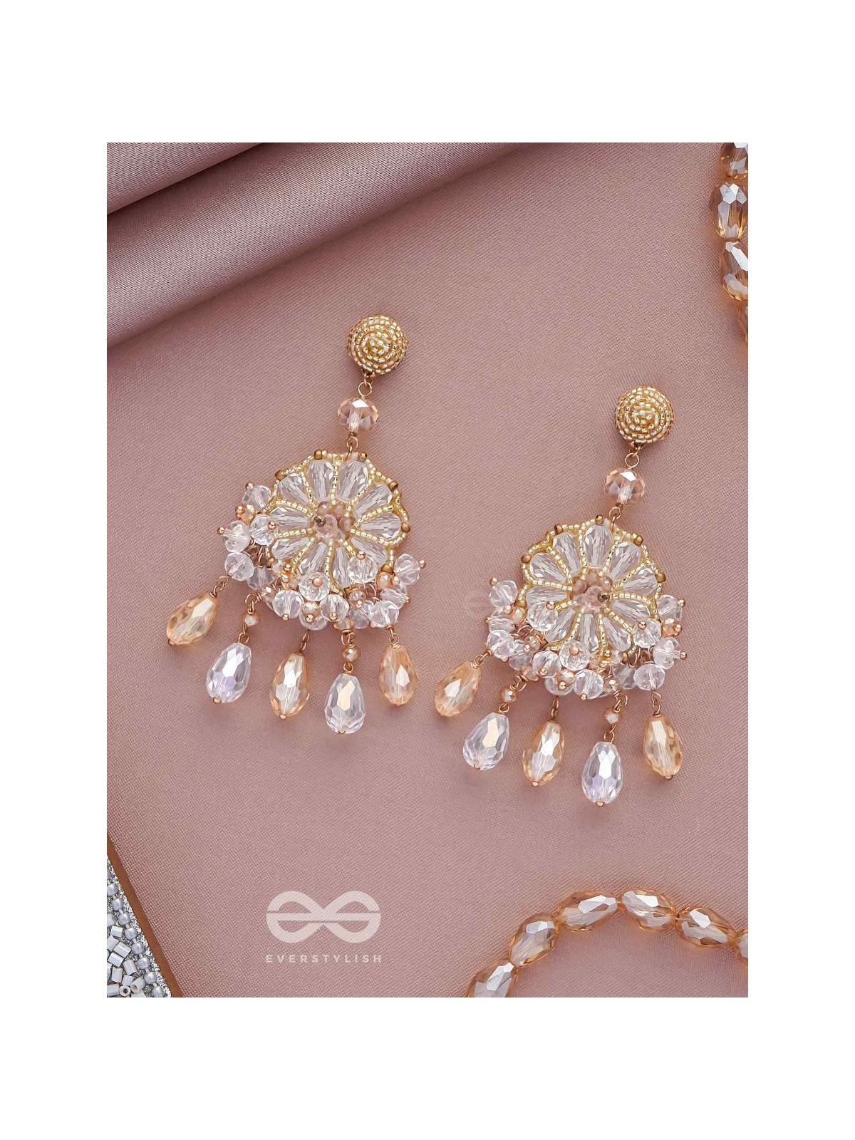 PRASANNA - THE PURE - BEADS AND GLASS DROPS EMBROIDERED EARRINGS