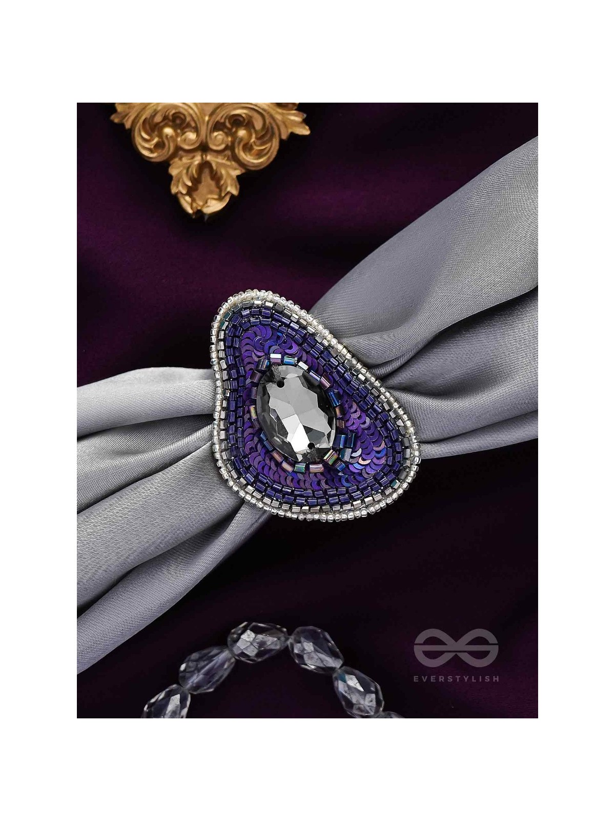 ANAVRITI - THE UNFURLING ELEGANCE - STONE, SEQUINS AND BEADS EMBROIDERED RING (PURPLE)