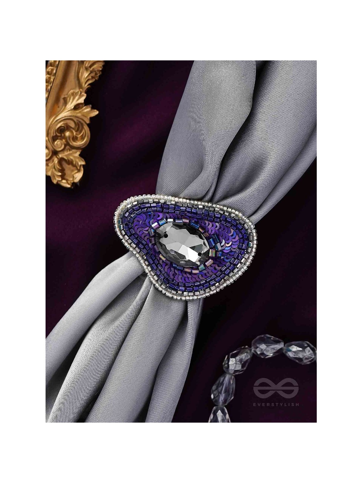 ANAVRITI - THE UNFURLING ELEGANCE - STONE, SEQUINS AND BEADS EMBROIDERED RING (PURPLE)
