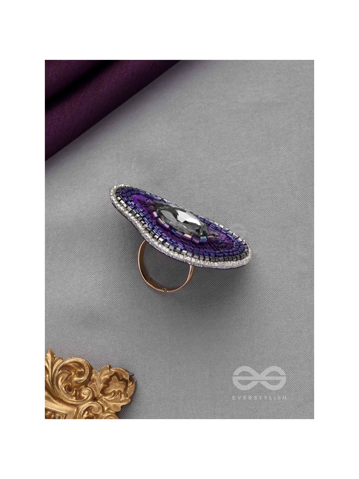 ANAVRITI - THE UNFURLING ELEGANCE - STONE, SEQUINS AND BEADS EMBROIDERED RING (PURPLE)