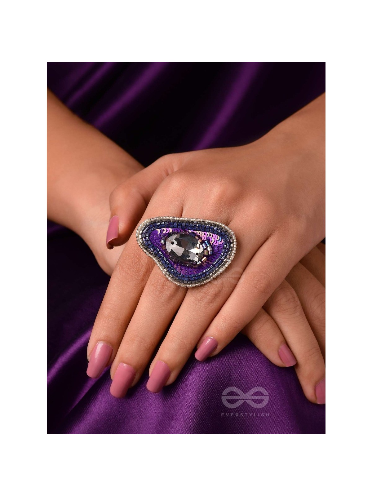 ANAVRITI - THE UNFURLING ELEGANCE - STONE, SEQUINS AND BEADS EMBROIDERED RING (PURPLE)