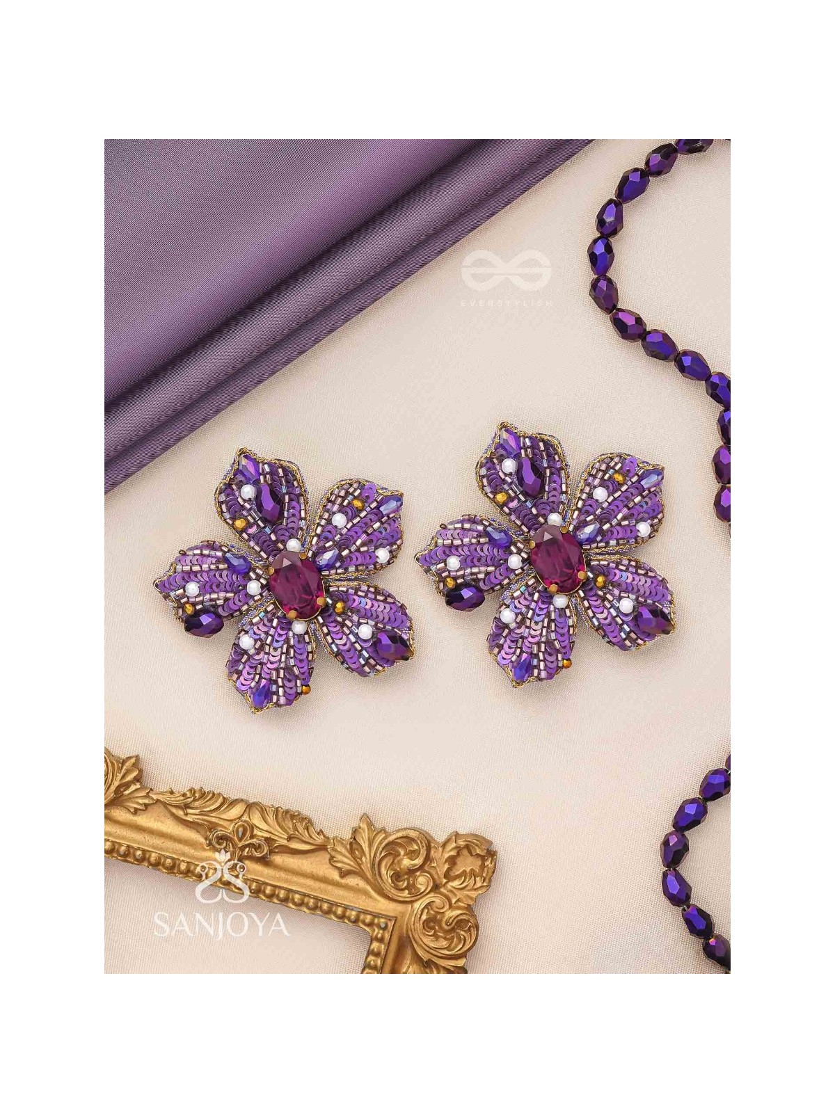 SVABHĀVIKA - THE NATURAL GRACE - STONE, SEQUINS AND PEARLS EMBROIDERED EARRINGS (PURPLE)