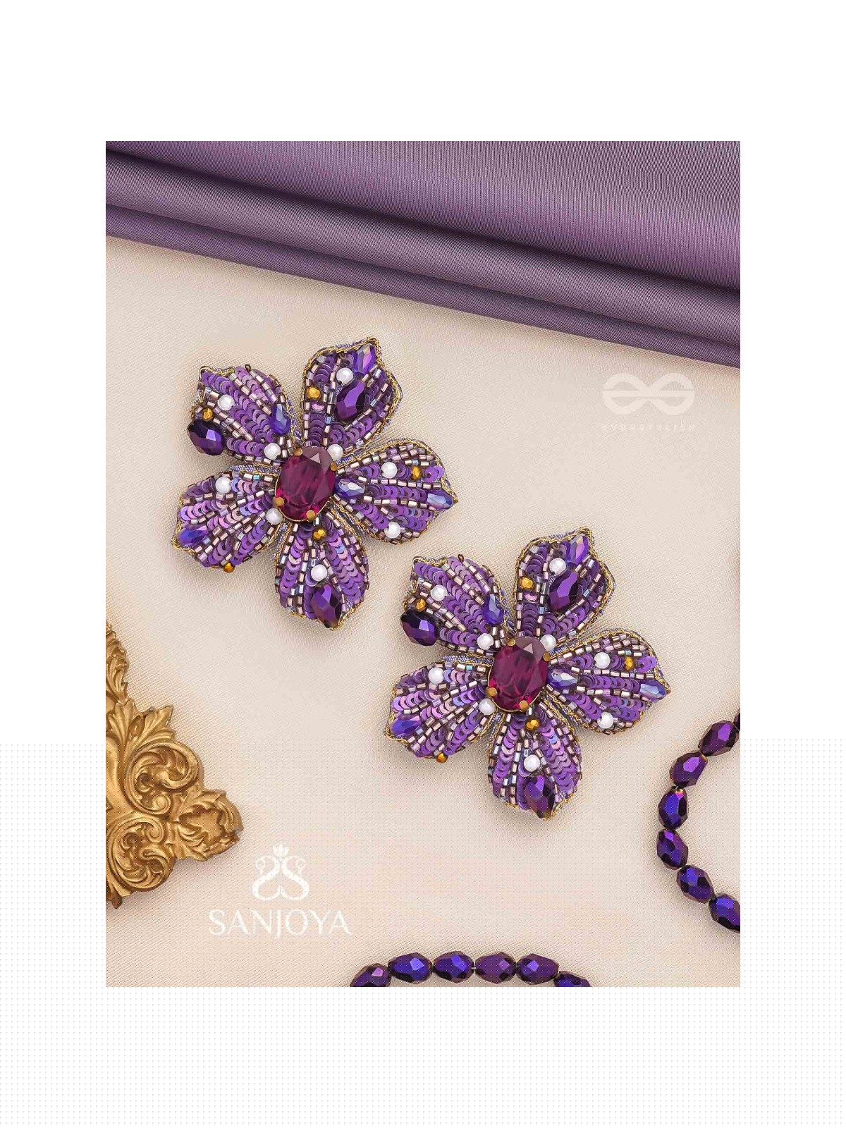 SVABHĀVIKA - THE NATURAL GRACE - STONE, SEQUINS AND PEARLS EMBROIDERED EARRINGS (PURPLE)