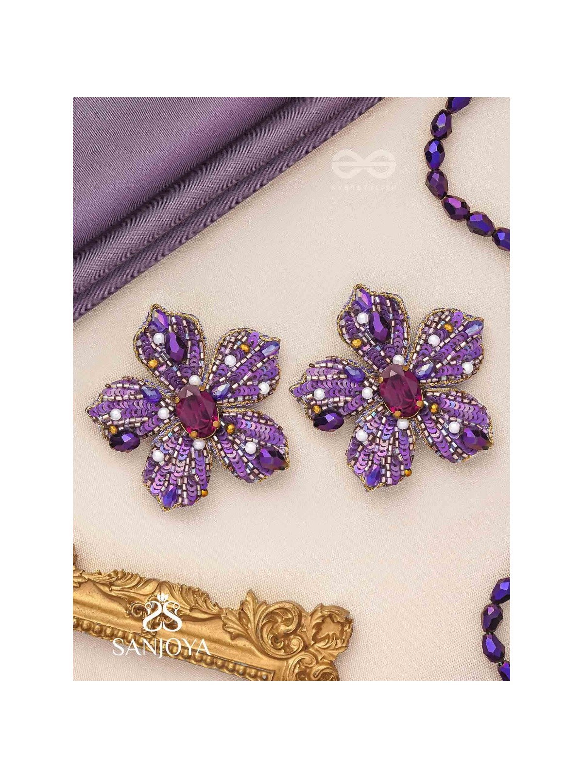 SVABHĀVIKA - THE NATURAL GRACE - STONE, SEQUINS AND PEARLS EMBROIDERED EARRINGS (PURPLE)