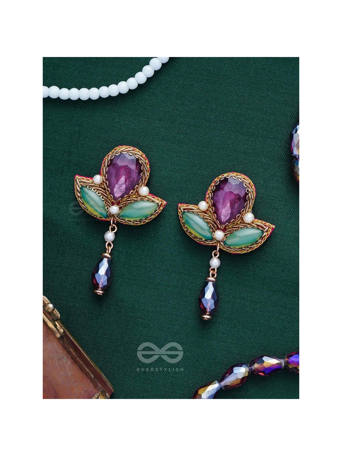 MANIRANJINI - DELIGHTENING IN JEWELS - STONES, BEADS, GLASS AND PEARL DROP EMBROIDERED EARRINGS