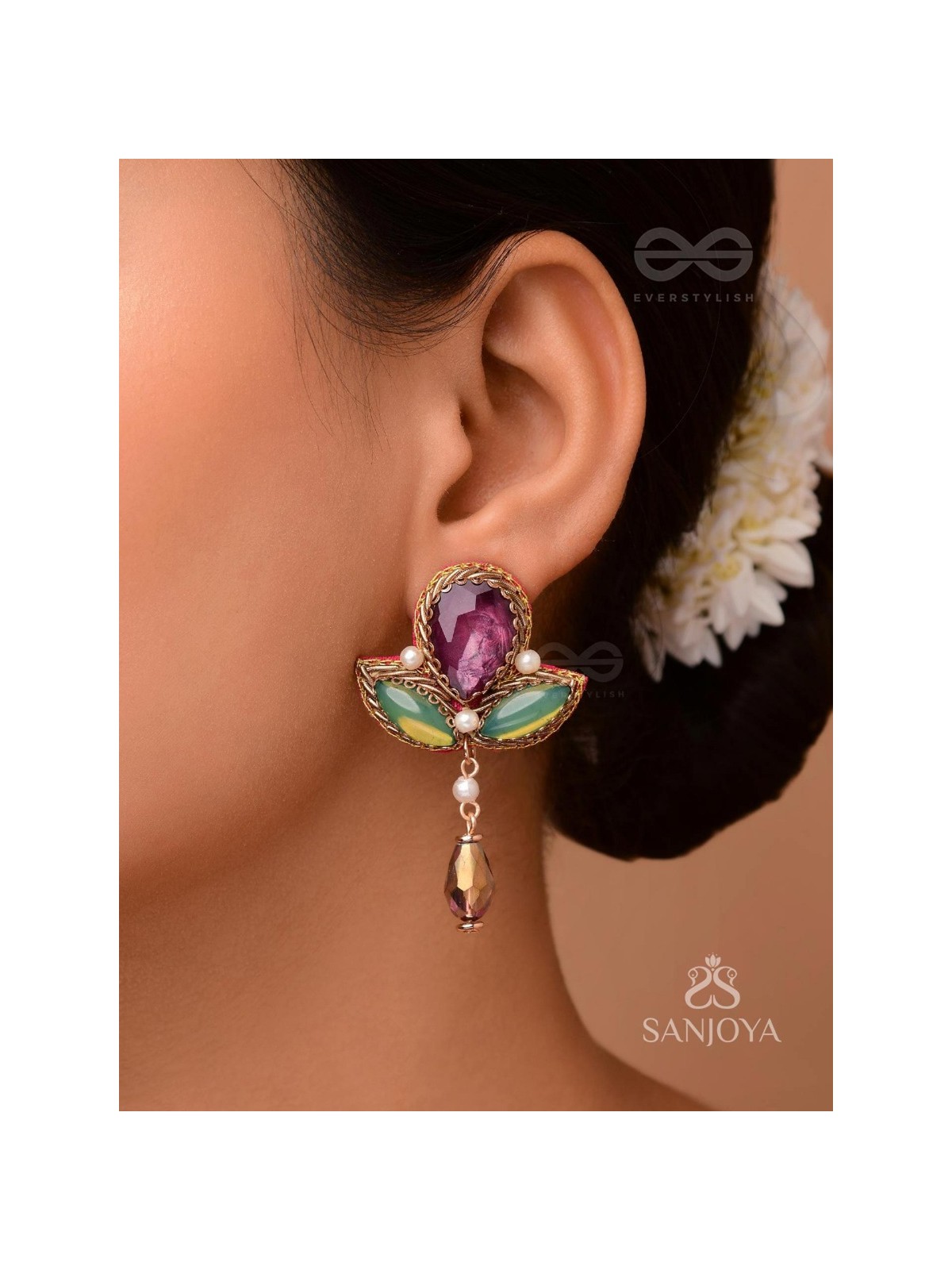 MANIRANJINI - DELIGHTENING IN JEWELS - STONES, BEADS, GLASS AND PEARL DROP EMBROIDERED EARRINGS