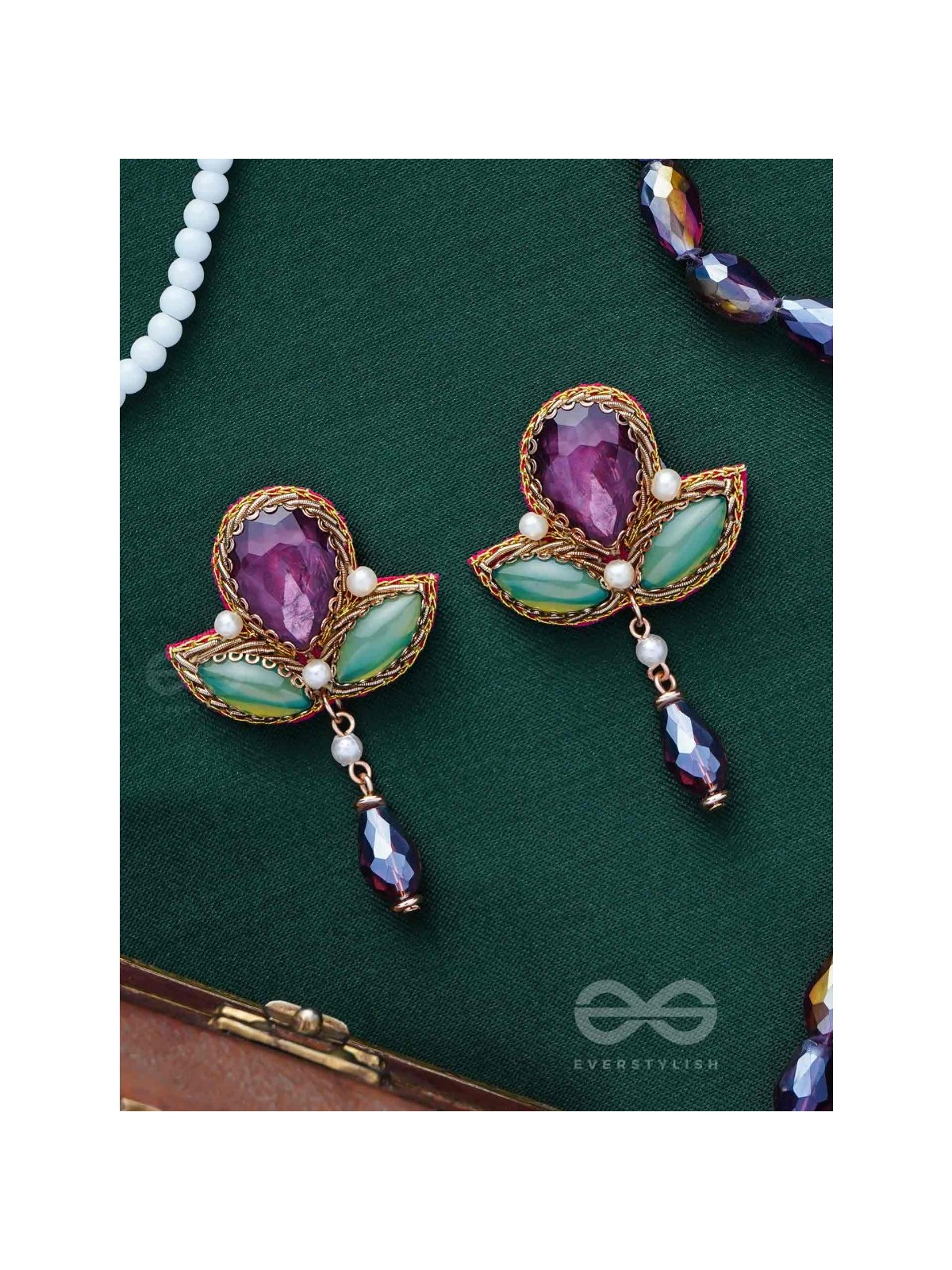 MANIRANJINI - DELIGHTENING IN JEWELS - STONES, BEADS, GLASS AND PEARL DROP EMBROIDERED EARRINGS