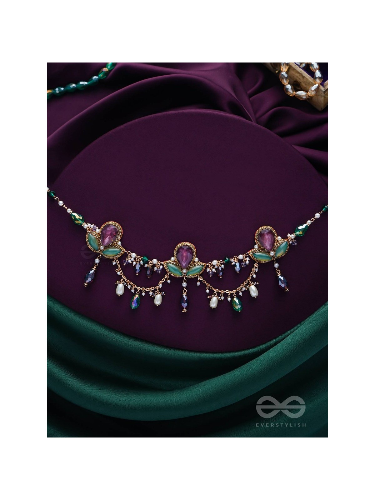 Aabharan - The Royal Ornament - Stones, Beads, Glass And Pearl Drop Embroidered Neckpiece With Anti-Tarnish Coating