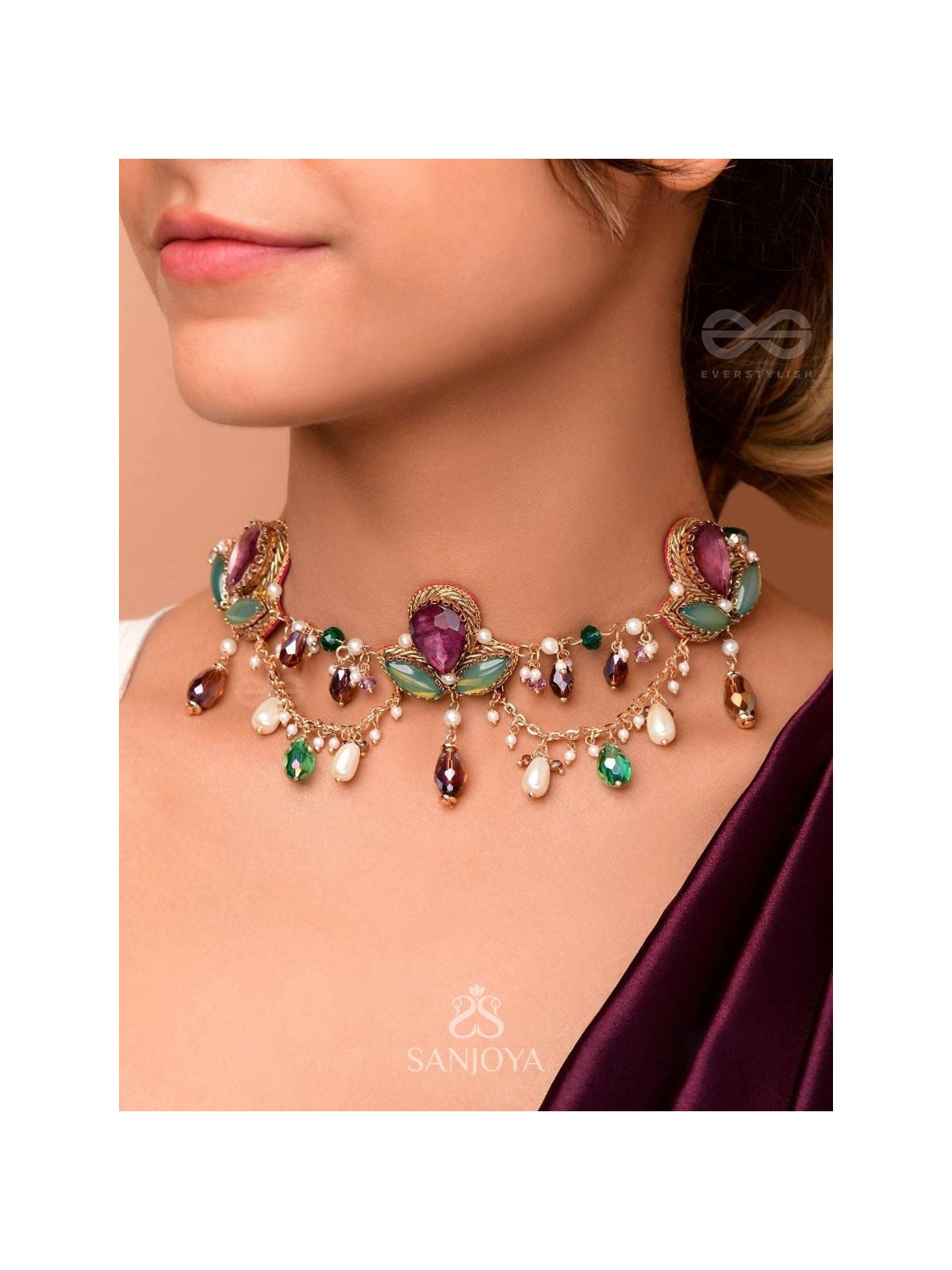 Aabharan - The Royal Ornament - Stones, Beads, Glass And Pearl Drop Embroidered Neckpiece With Anti-Tarnish Coating