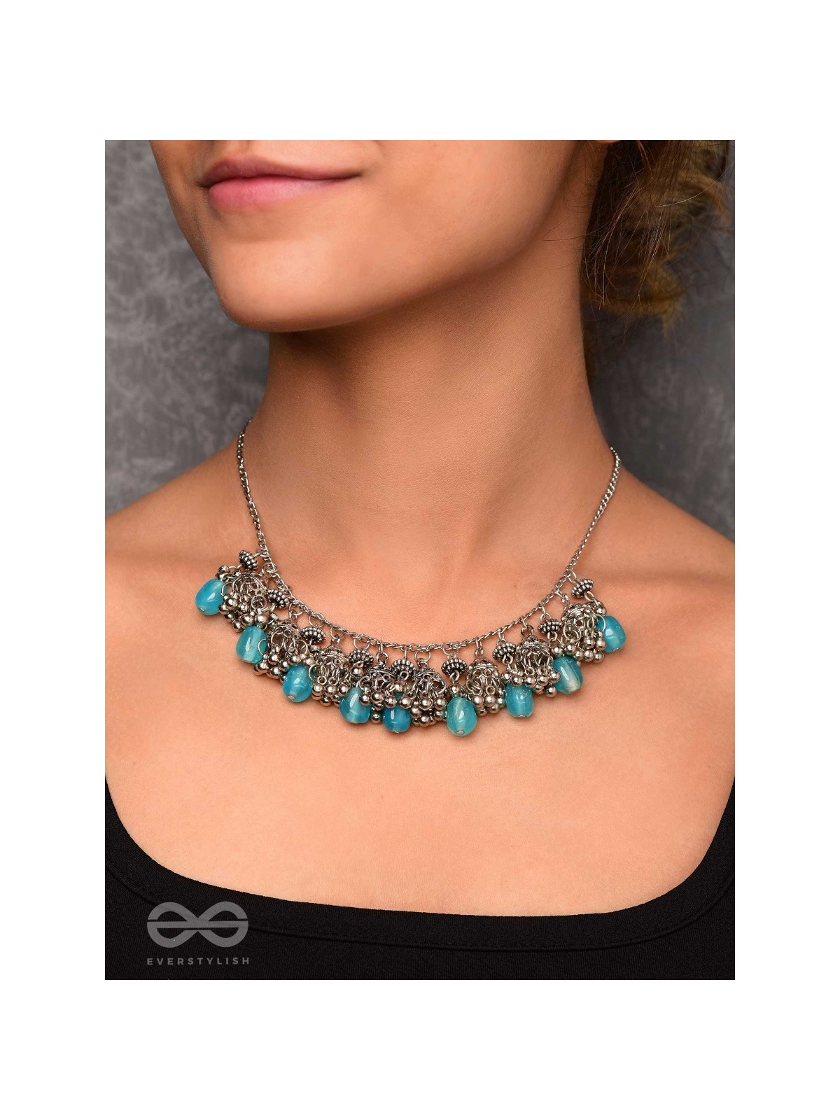THE OCEAN DROPLETS - STATEMENT EMBELLISHED OXIDISED NECKPIECE