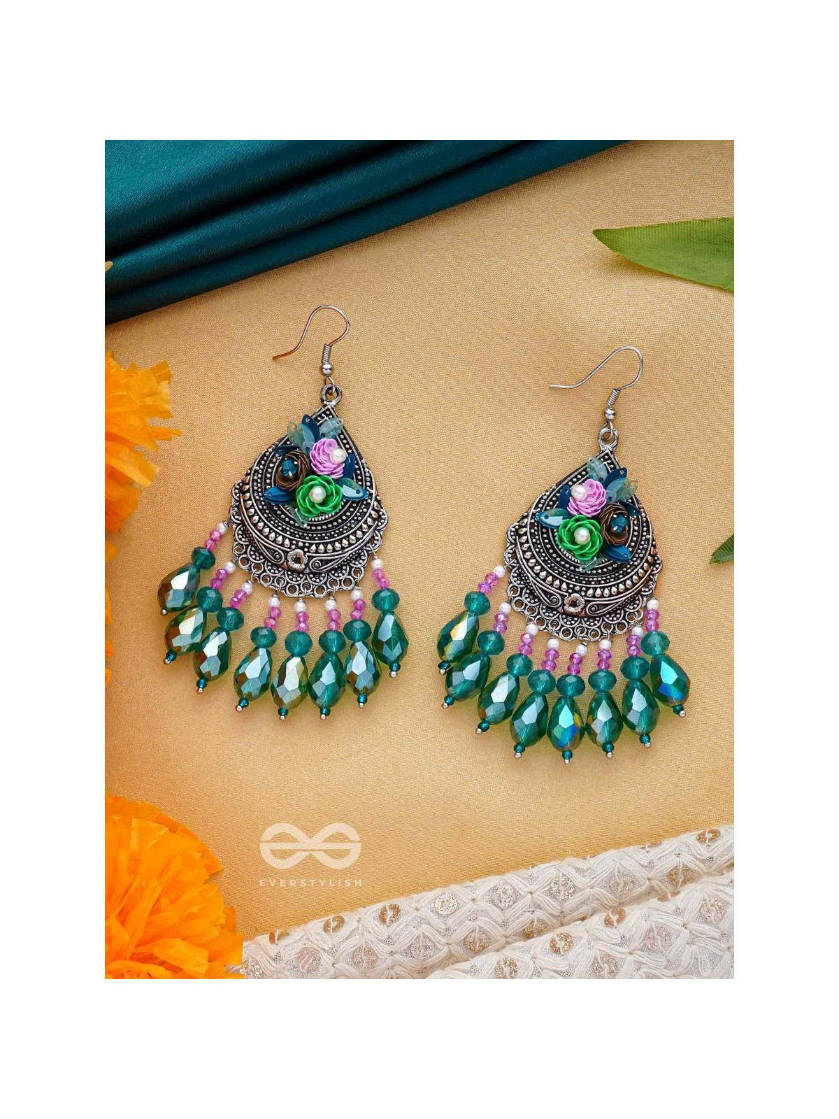 VRINDARANYA - THE LUSH FOREST - SEQUINS, BEADS AND GLASS DROPS EMBROIDERED AND OXIDISED EARRINGS