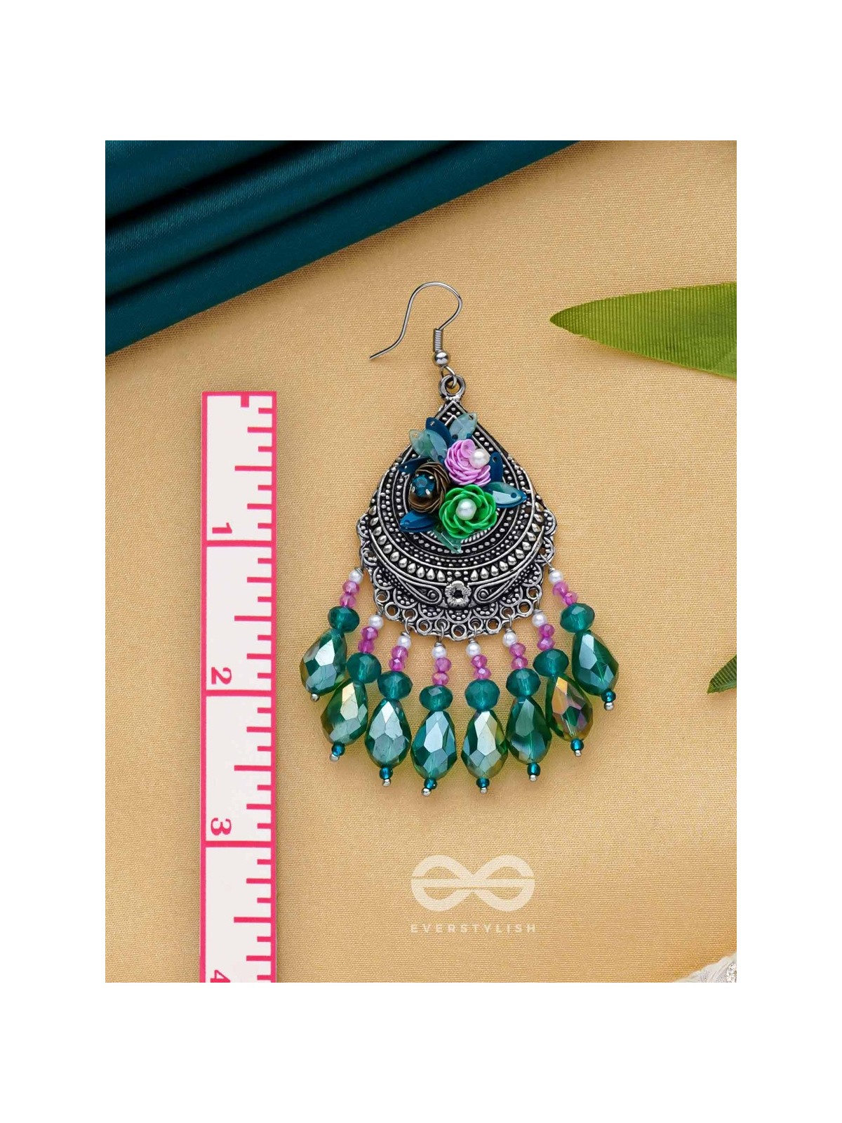 VRINDARANYA - THE LUSH FOREST - SEQUINS, BEADS AND GLASS DROPS EMBROIDERED AND OXIDISED EARRINGS
