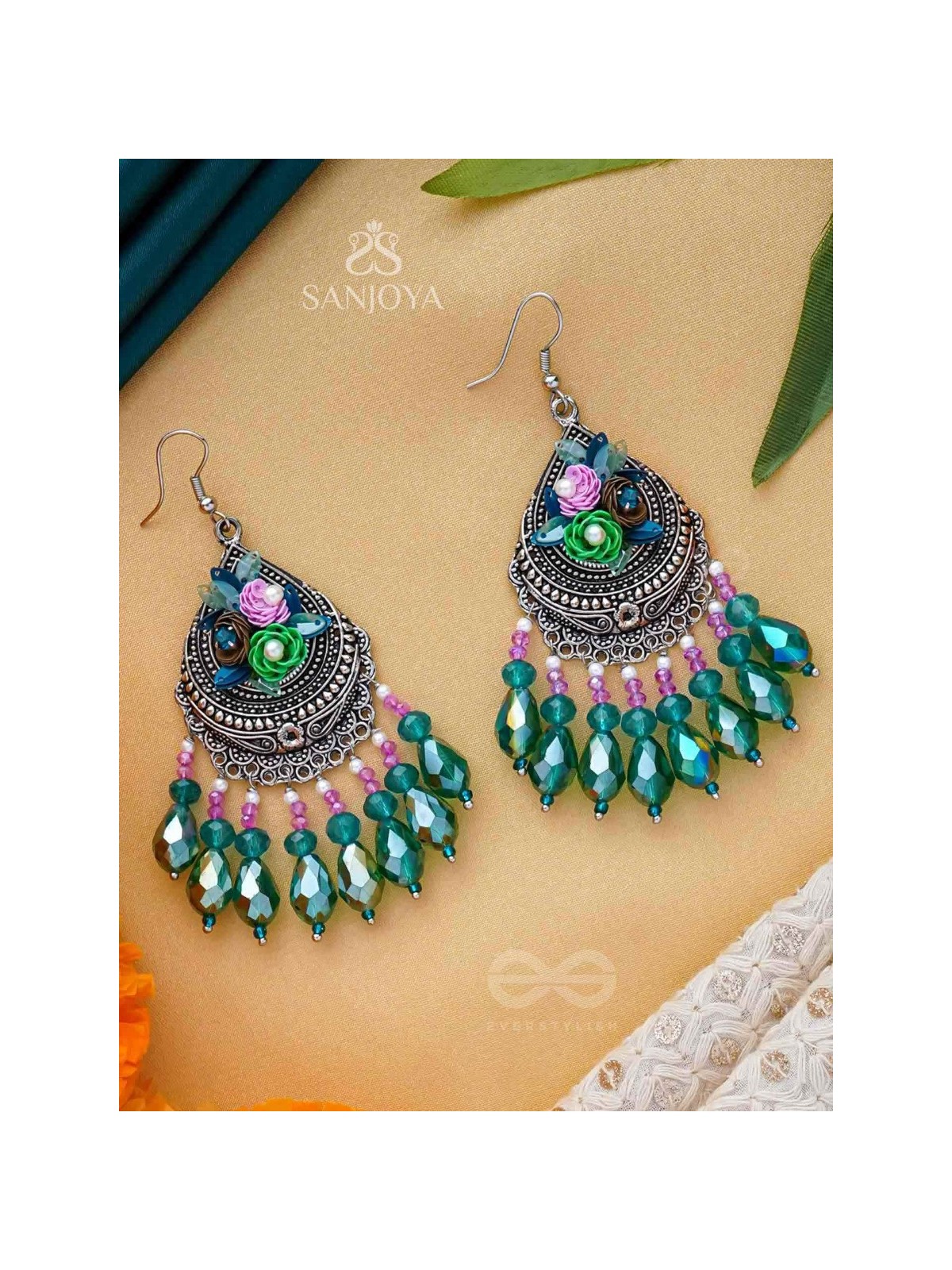 VRINDARANYA - THE LUSH FOREST - SEQUINS, BEADS AND GLASS DROPS EMBROIDERED AND OXIDISED EARRINGS