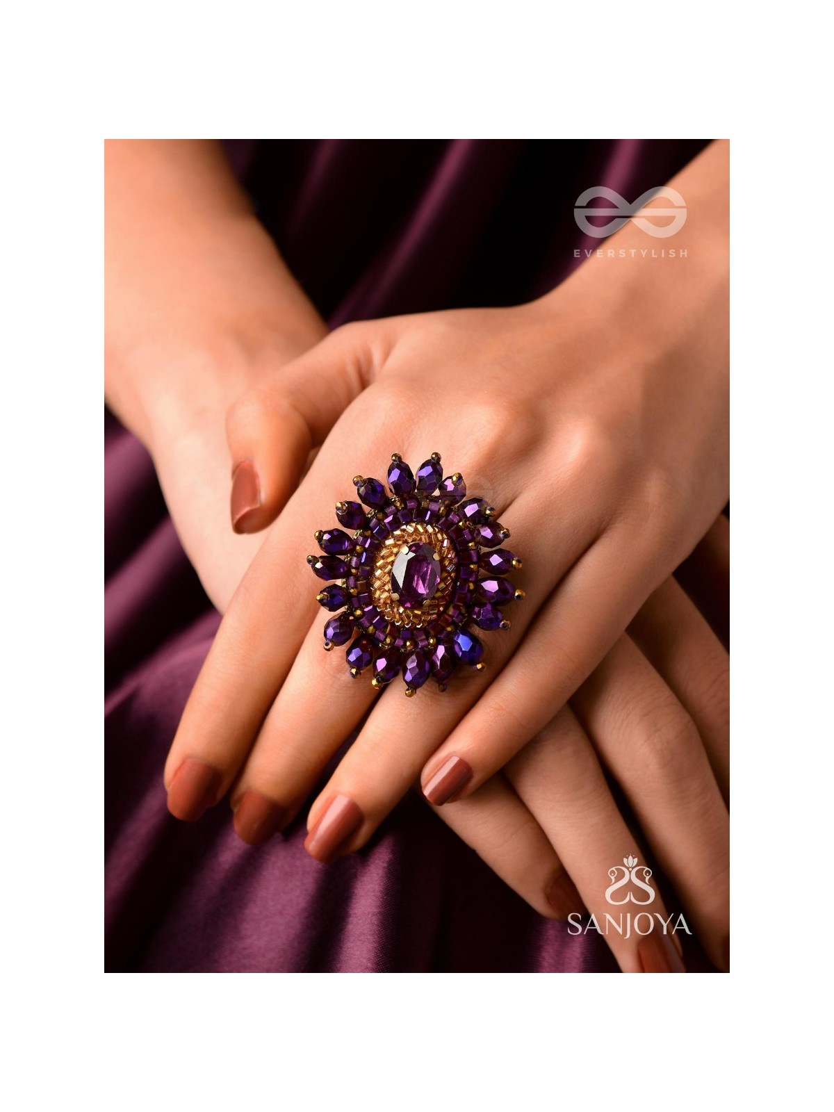 UDYOTINI - TWINKLING RADIANCE - STONE, BEADS AND GLASS DROPS EMBROIDERED RING (PURPLE)