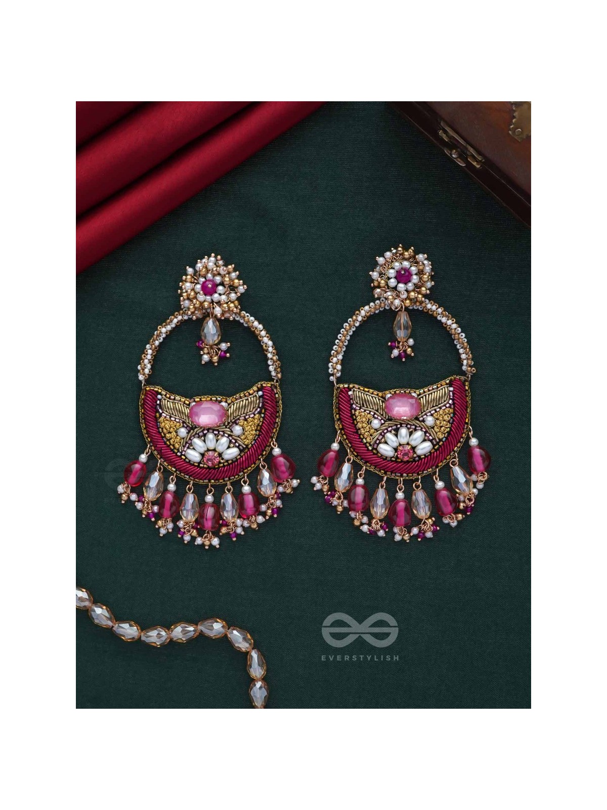 VILAKSANA - UNIQUE SPARKLING MOMENTS - STONE, BEADS, GLASS DROPS AND PEARLS EMBROIDERED EARRINGS (MAGENTA & GOLDEN)