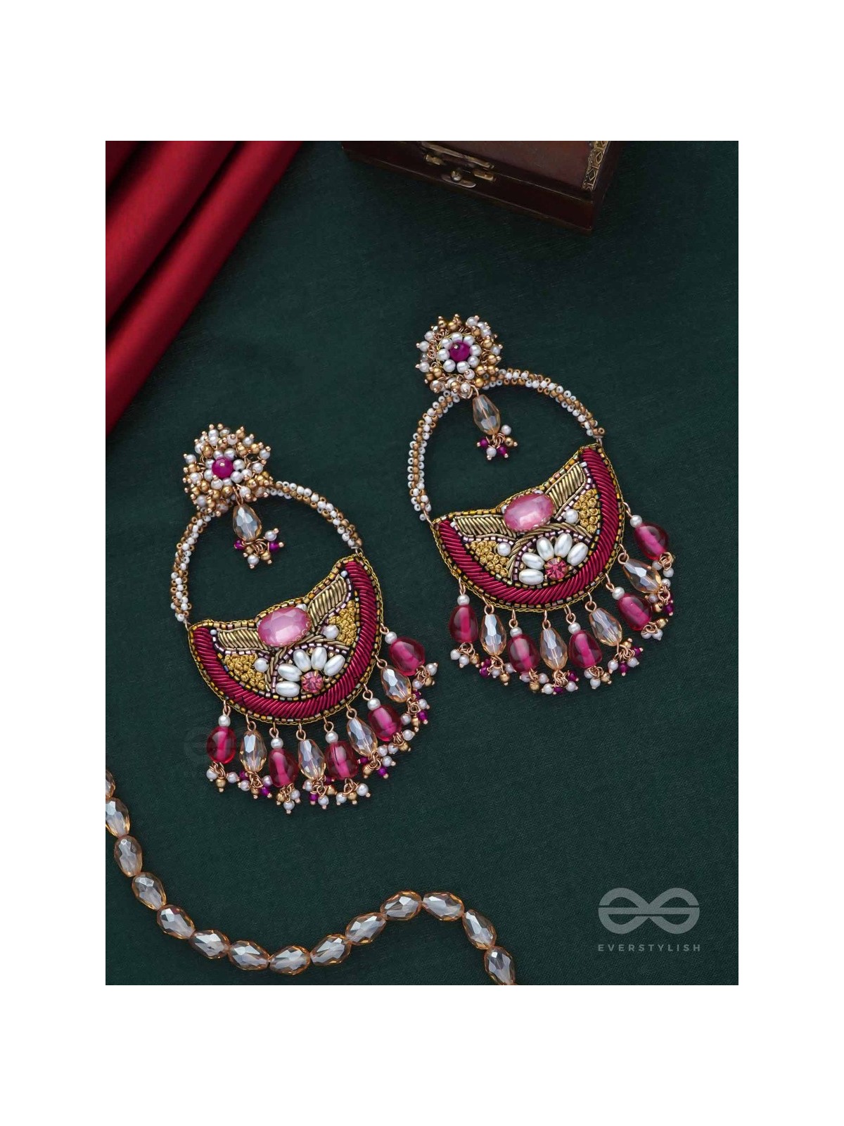 VILAKSANA - UNIQUE SPARKLING MOMENTS - STONE, BEADS, GLASS DROPS AND PEARLS EMBROIDERED EARRINGS (MAGENTA & GOLDEN)