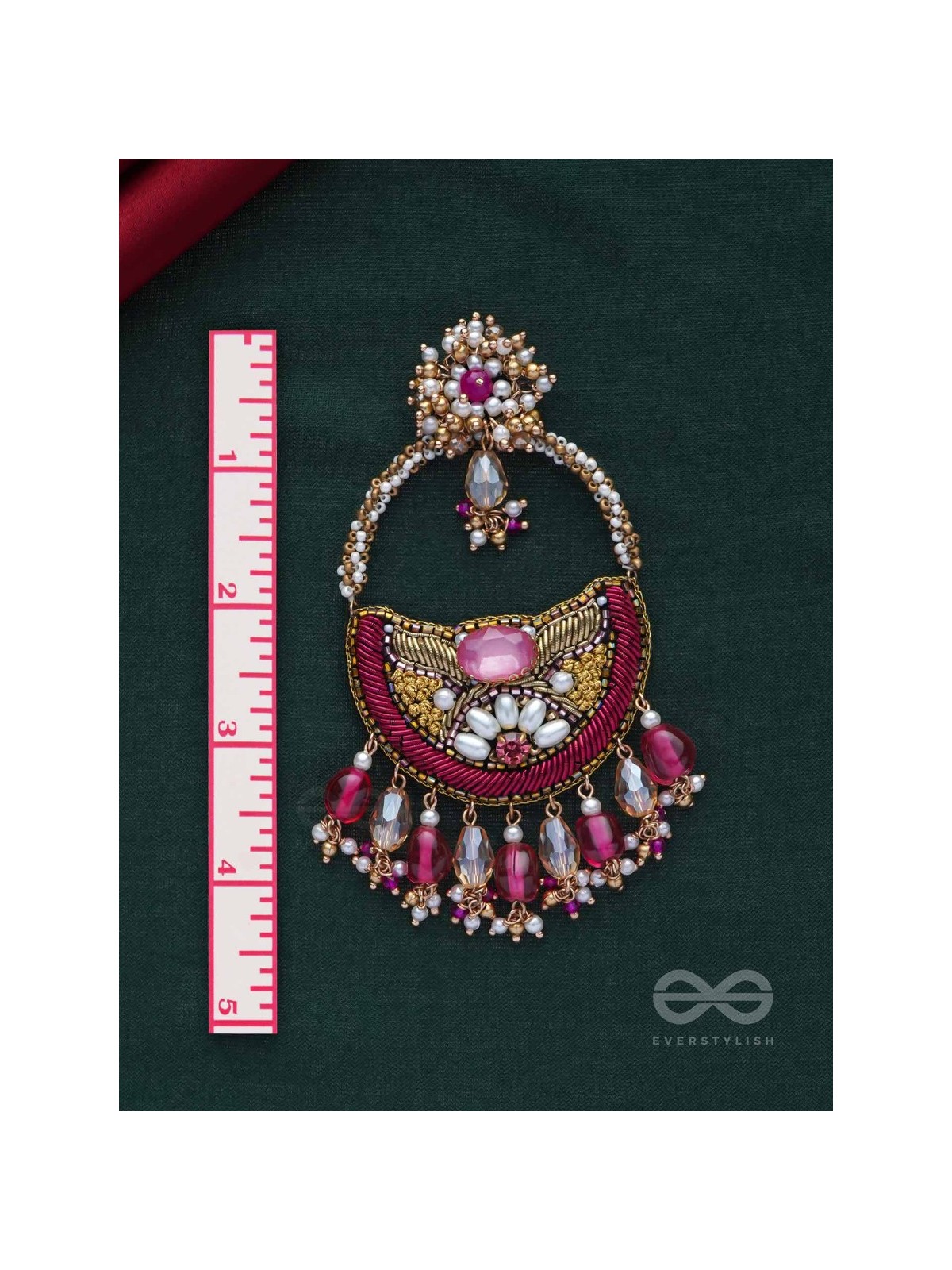 VILAKSANA - UNIQUE SPARKLING MOMENTS - STONE, BEADS, GLASS DROPS AND PEARLS EMBROIDERED EARRINGS (MAGENTA & GOLDEN)