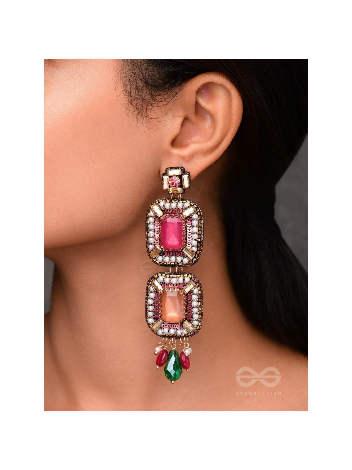 Ananyadharana - The Exclusive Adornment - Stones, Beads And Glass Drops Hand Embroidered Earrings