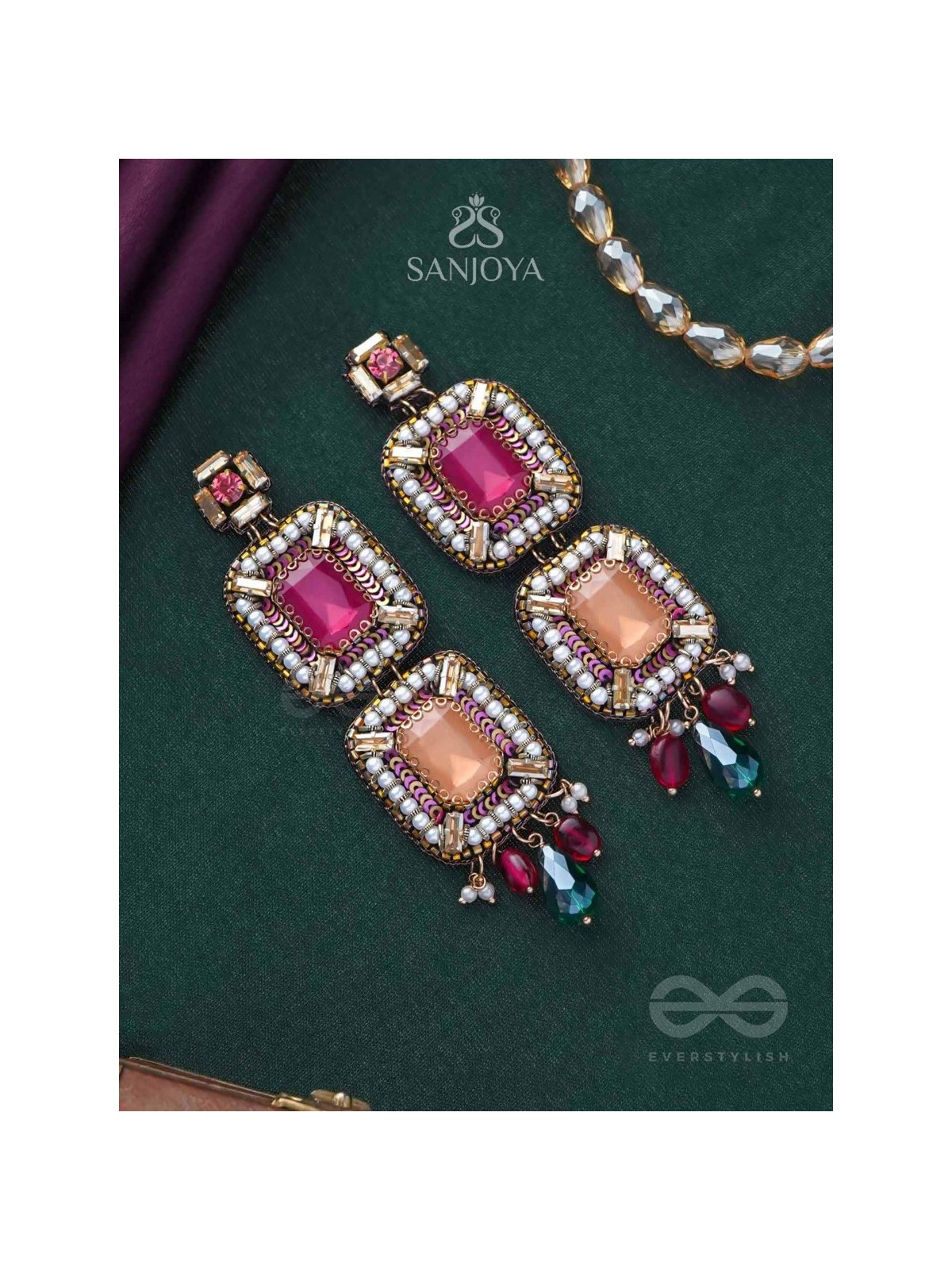 Ananyadharana - The Exclusive Adornment - Stones, Beads And Glass Drops Hand Embroidered Earrings