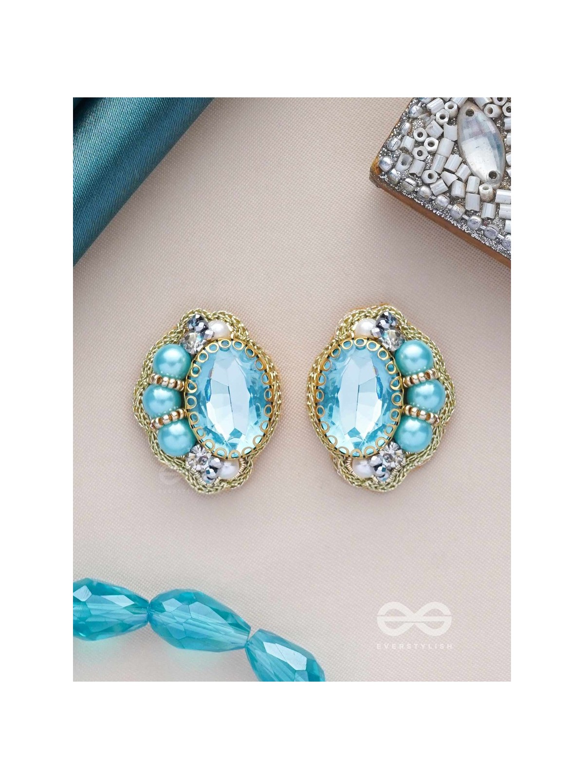 PRABHASVARA - THE RADIANT SKY - STONE, PEARLS AND BEADS EMBROIDERED EARRINGS