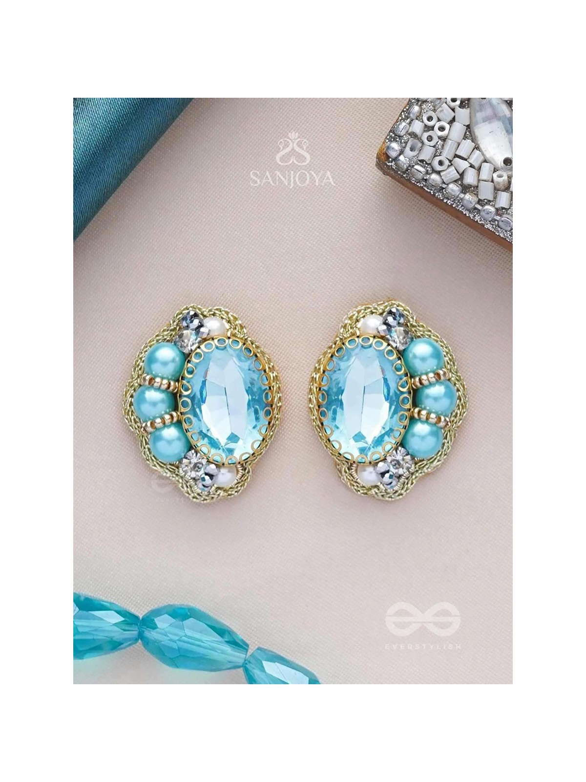 PRABHASVARA - THE RADIANT SKY - STONE, PEARLS AND BEADS EMBROIDERED EARRINGS