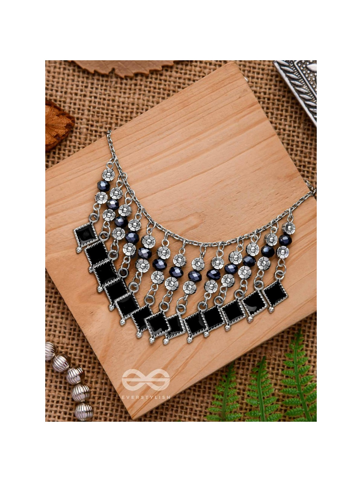 THE MOONLIT BLOOMS- BEADED OXIDISED ENAMELLED NECKLACE