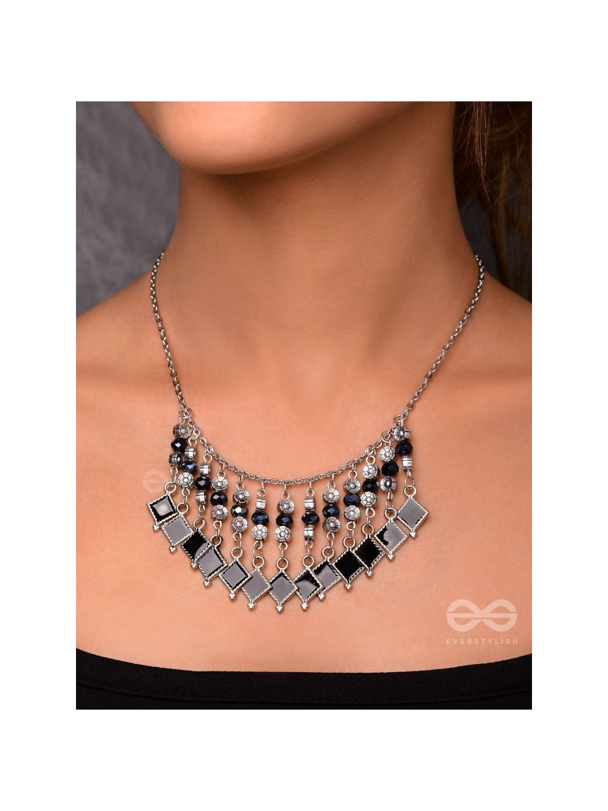 THE MOONLIT BLOOMS- BEADED OXIDISED ENAMELLED NECKLACE