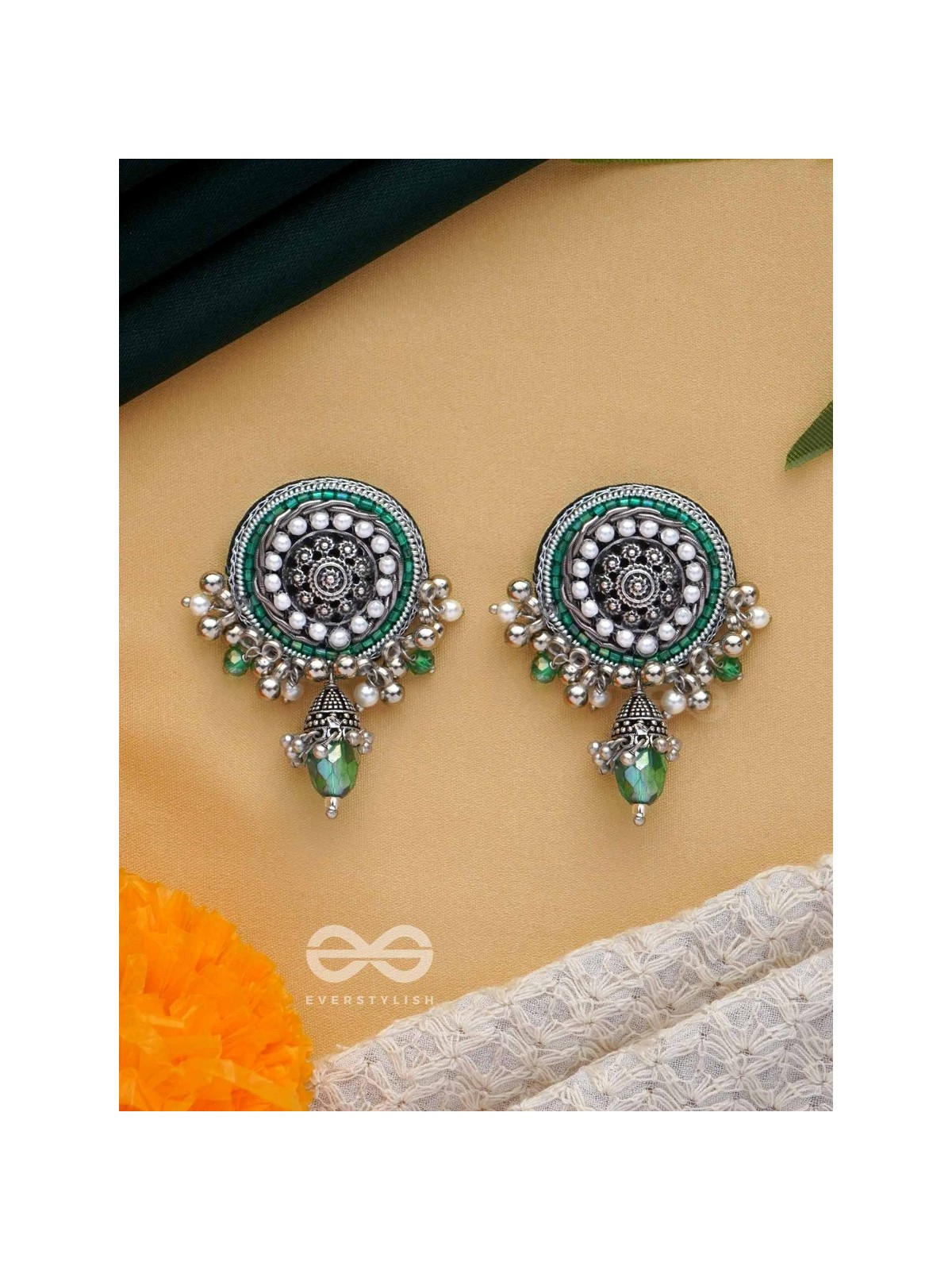 VILAKSHANA - THE EXCEPTIONAL ONE - CUTDANA AND GLASS DROP EMBROIDERED AND OXIDISED EARRINGS