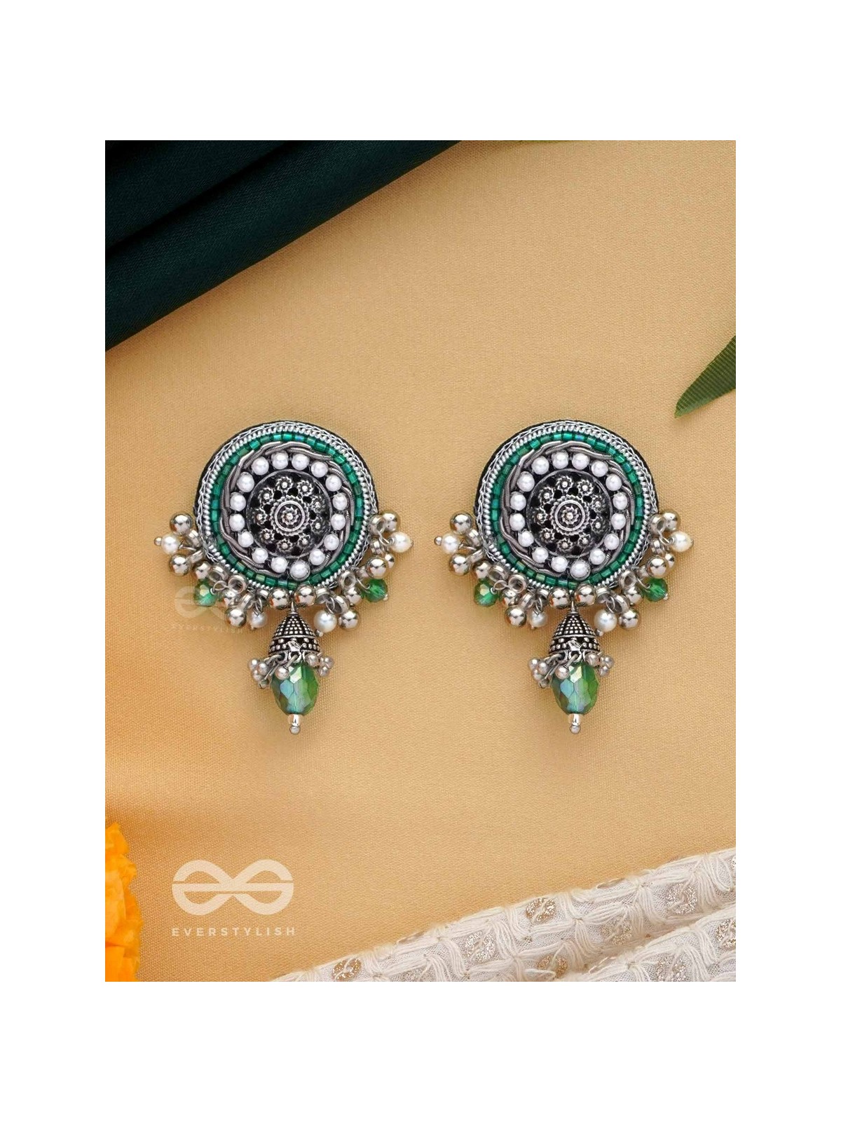 VILAKSHANA - THE EXCEPTIONAL ONE - CUTDANA AND GLASS DROP EMBROIDERED AND OXIDISED EARRINGS
