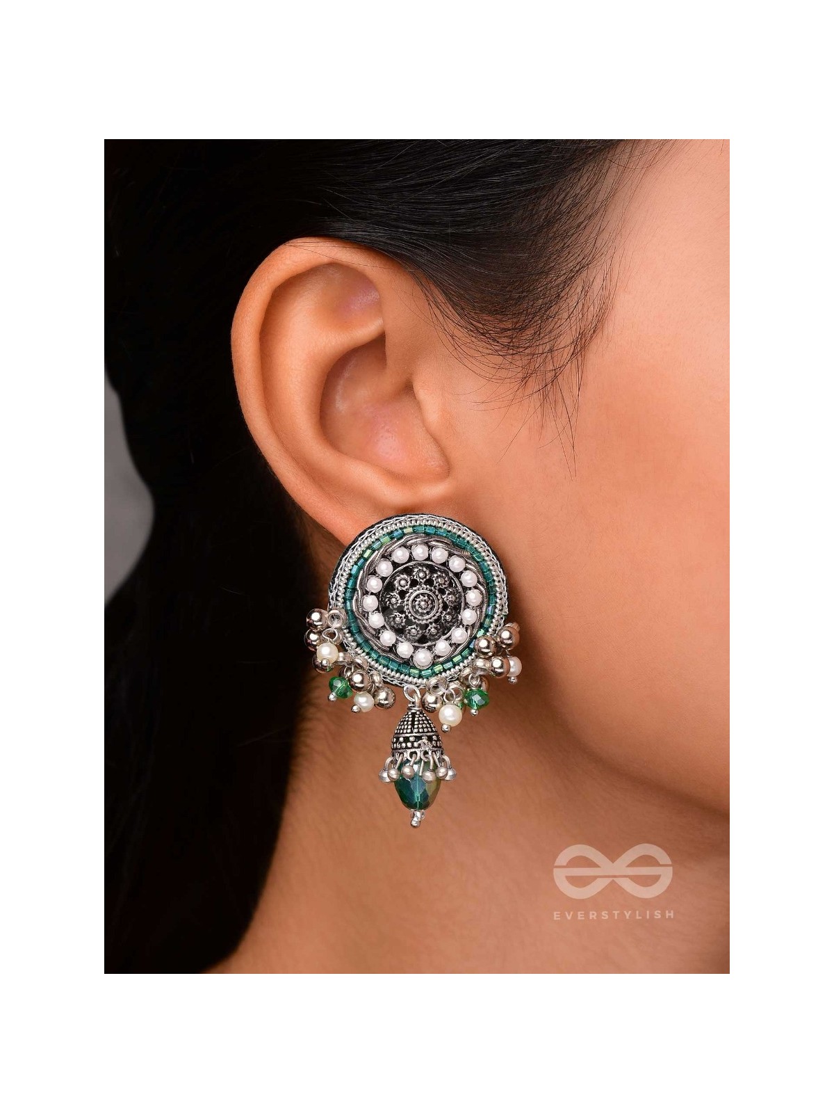 VILAKSHANA - THE EXCEPTIONAL ONE - CUTDANA AND GLASS DROP EMBROIDERED AND OXIDISED EARRINGS