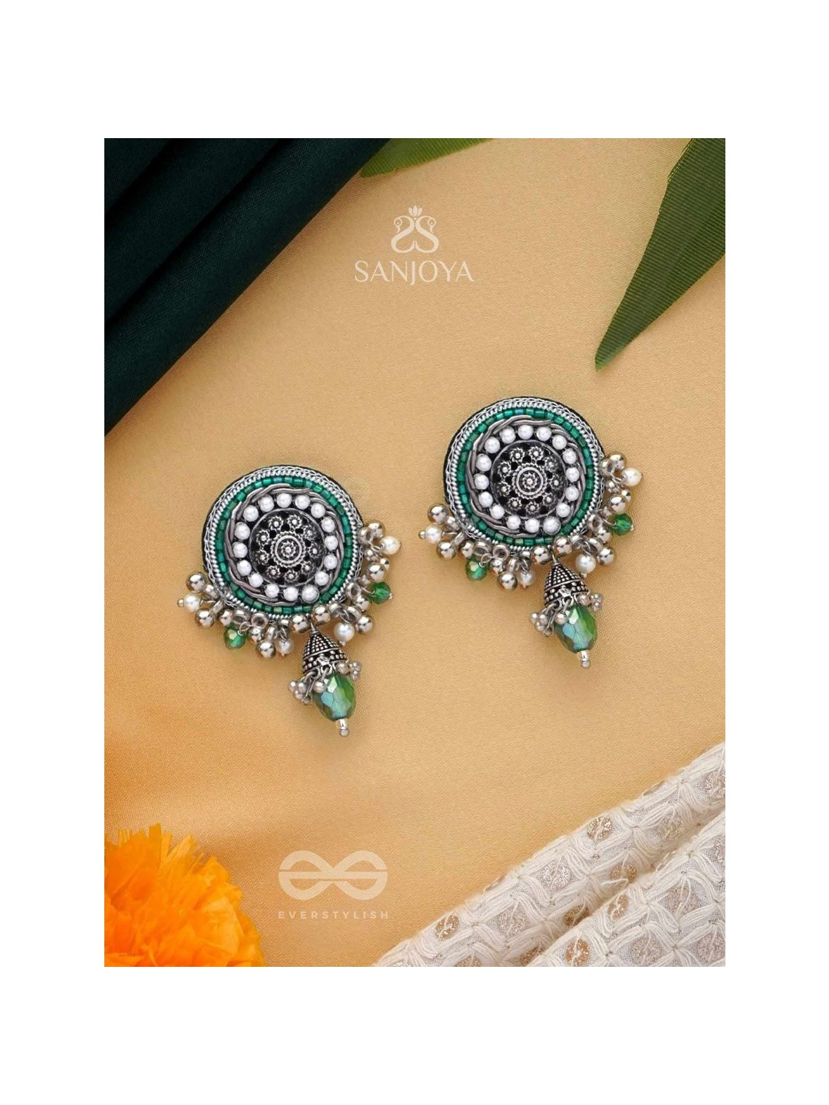 VILAKSHANA - THE EXCEPTIONAL ONE - CUTDANA AND GLASS DROP EMBROIDERED AND OXIDISED EARRINGS